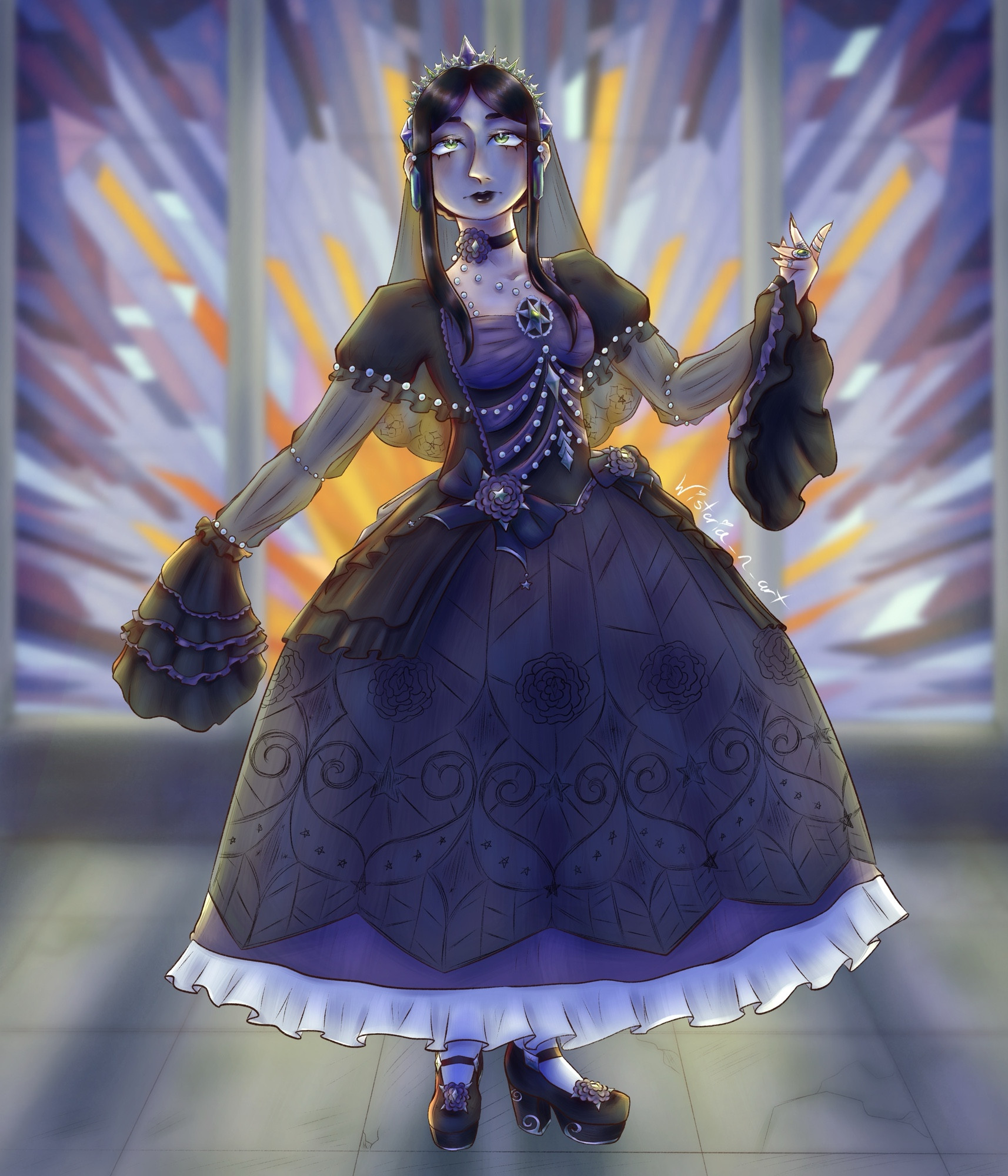 Full body piece of a white woman with black hair and green eyes. She is wearing a black and purple Lolita dress, black platforms mary janes, a sliver crown, and a black veil in the back. Her dress is accented with lots of white pearls. Light from stained glass windows shines behind her, creating dramatic lighting.