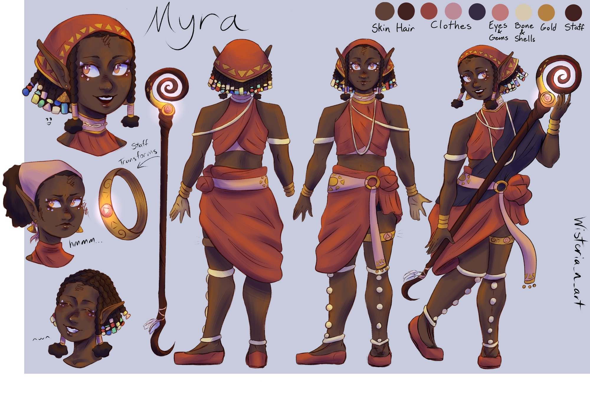 A character sheet of a black girl dressed in red robes. She holds a magic staff that spirals at the top. The sheet shows her various expressions such as default, thinking, and happy. It also shows her multiple times, one holding her staff, facing forward, and then facing backwards.