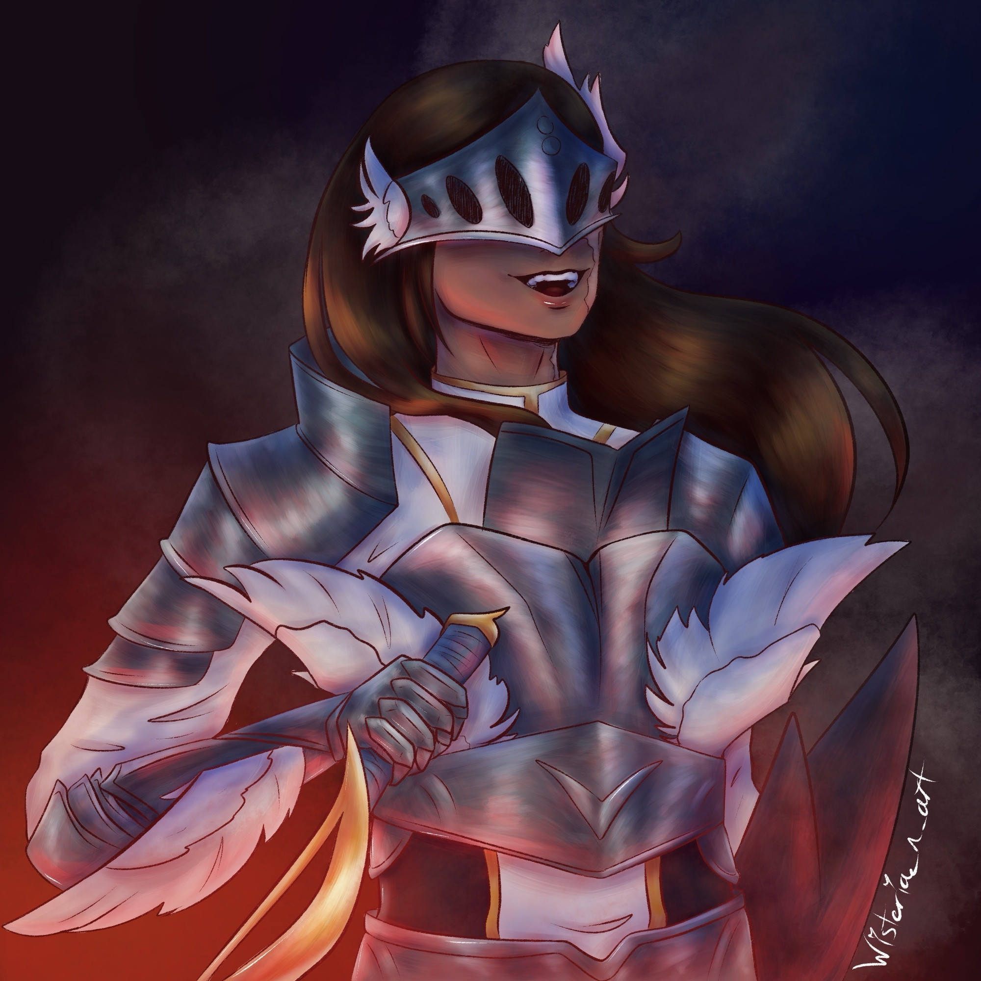 Isolde- waist up piece of a dark skinned woman with brown hair wearing silver armor. Her eyes are covered by the armor that has wings on the head piece, breast plate, and arms. Her clothes underneath are white and gold. She is holding a gold sword. Red lighting is coming from the bottom of the piece.