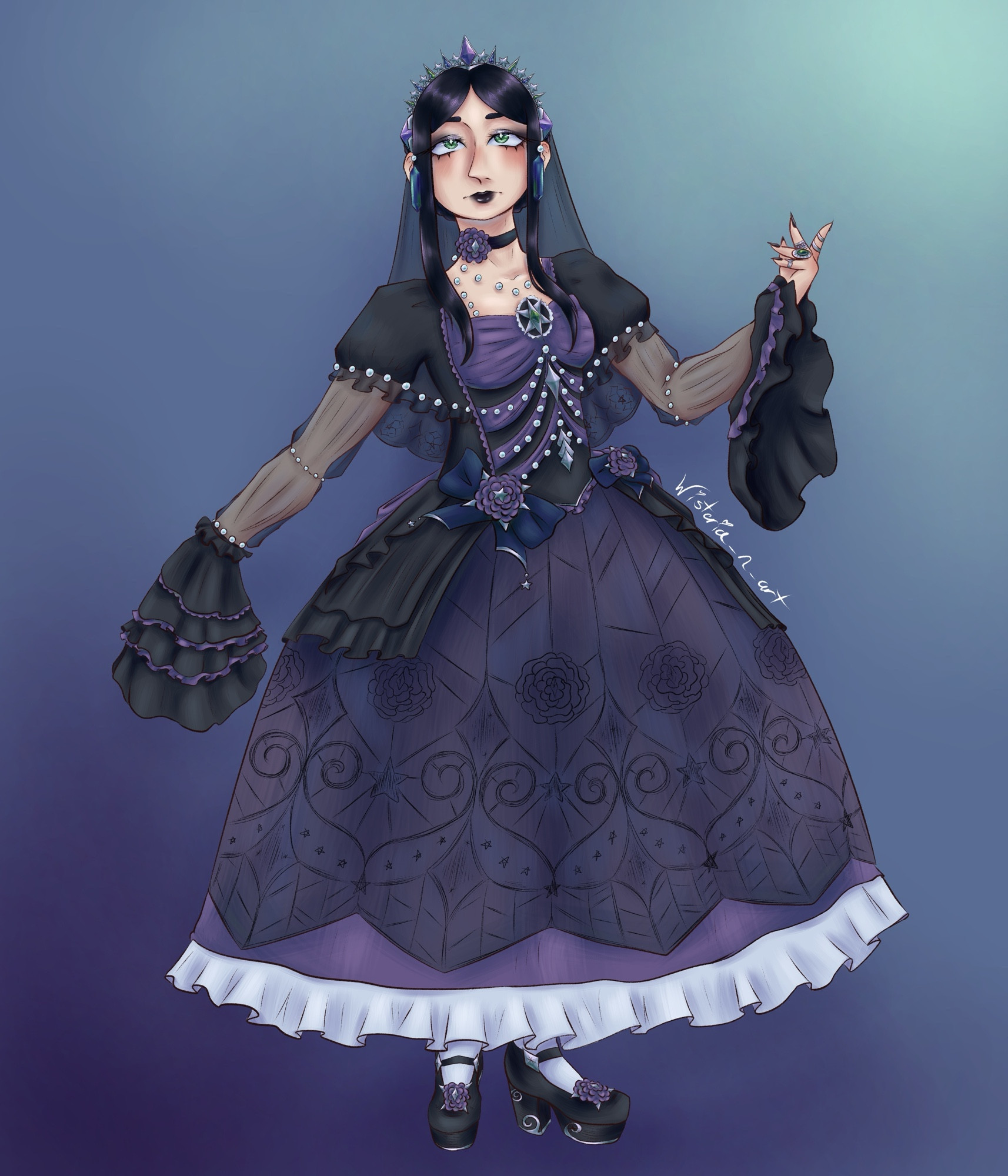 Full body piece of a white woman with black hair and green eyes. She is wearing a black and purple Lolita dress, black platforms mary janes, a sliver crown, and a black veil in the back. Her dress is accented with lots of white pearls. Basic blue background 