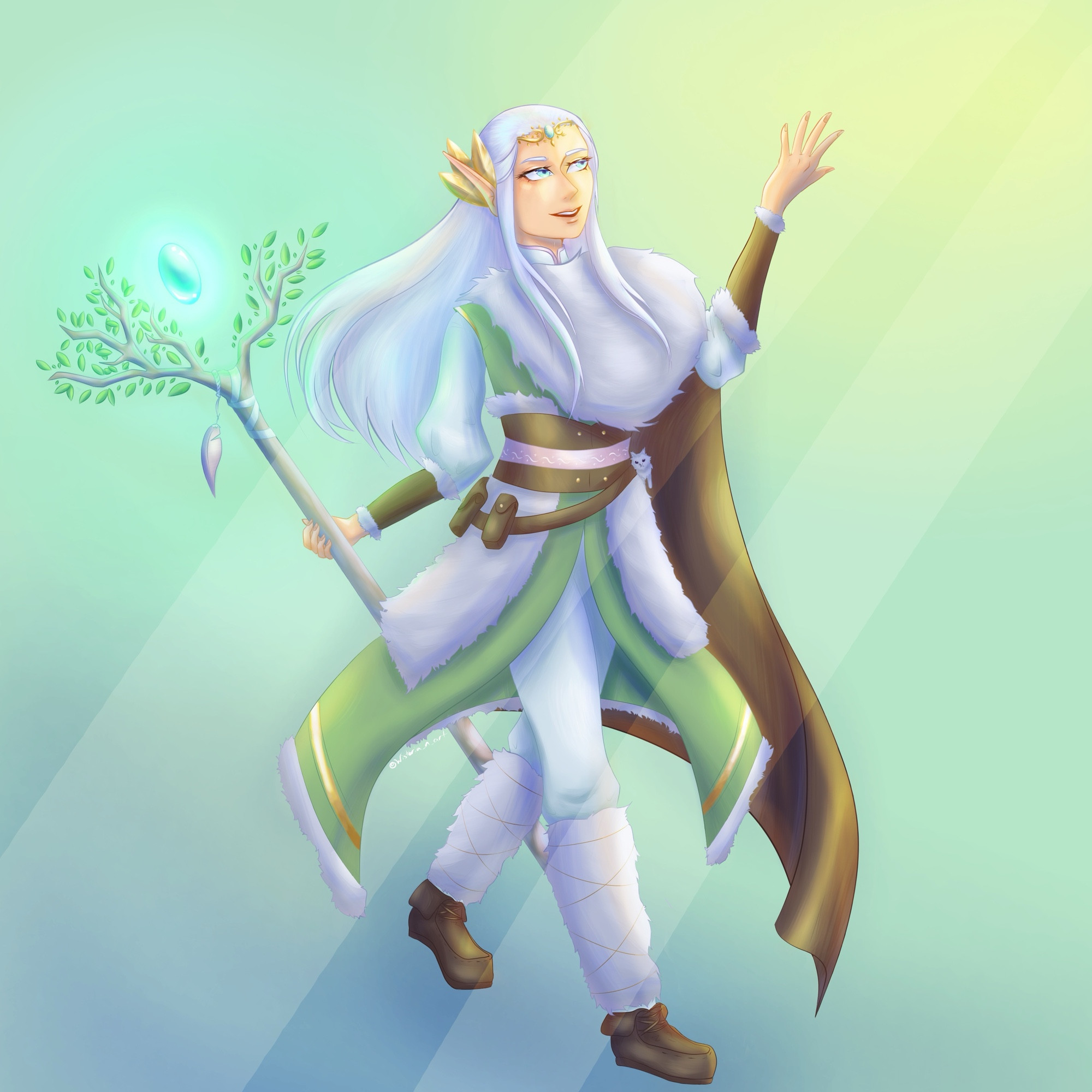 Druid elf D&D character. She has silver hair, lightly tanned skin, and green clothes. She is holding a magic staff with tree branches and a green floating stone in the middle.