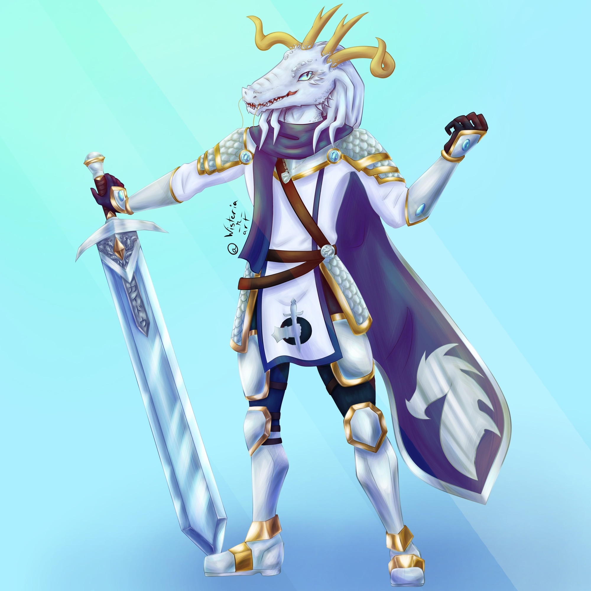 Silver Dragonborn warrior D&D character. He has silver scales, blue eyes, and yellow horns. He is wearing silver armor with gold trim. He is holding a silver great sword with gold accents that has the name “Kaido” written in Japanese katakana.