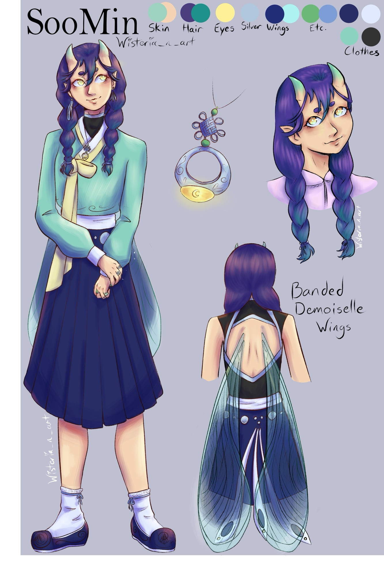 Simple character sheet of a Korean fantasy girl with wings of a Banded Demoiselle and oni horns. She has yellow eyes and purple hair. She is wearing a long blue skirt, the top of a hanbok, blue slippers, and white ankle socks. She is shown again from the back with her four wings exposed.  There is a close up of her face and then of her magic ring on a necklace.