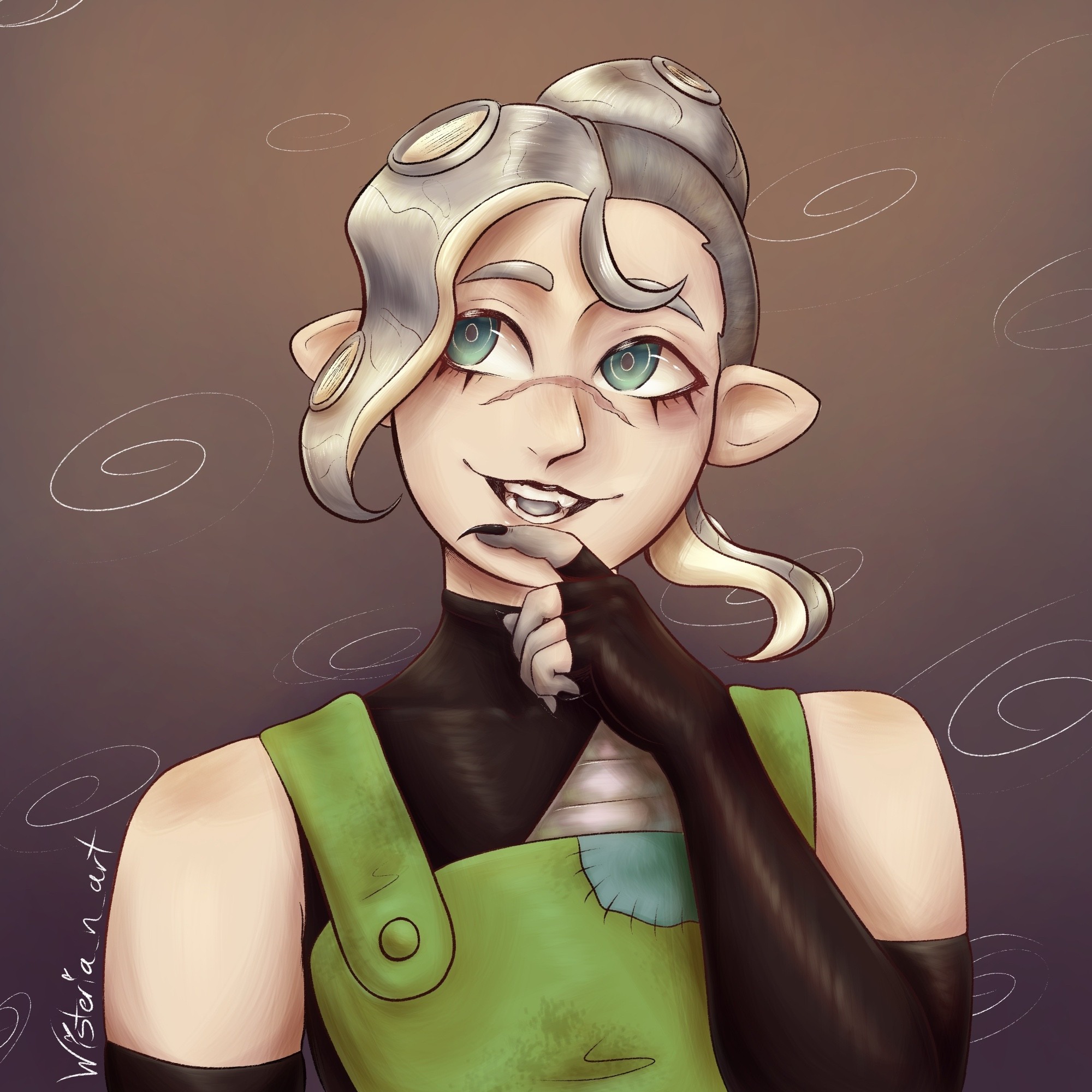 Caretaker-Waist up art of a Splatoon oc. They have pale skin, gray tentacle hair, and green/gray eyes. They are wearing black tech wear on their arms and chest and a worn out green apron on top.