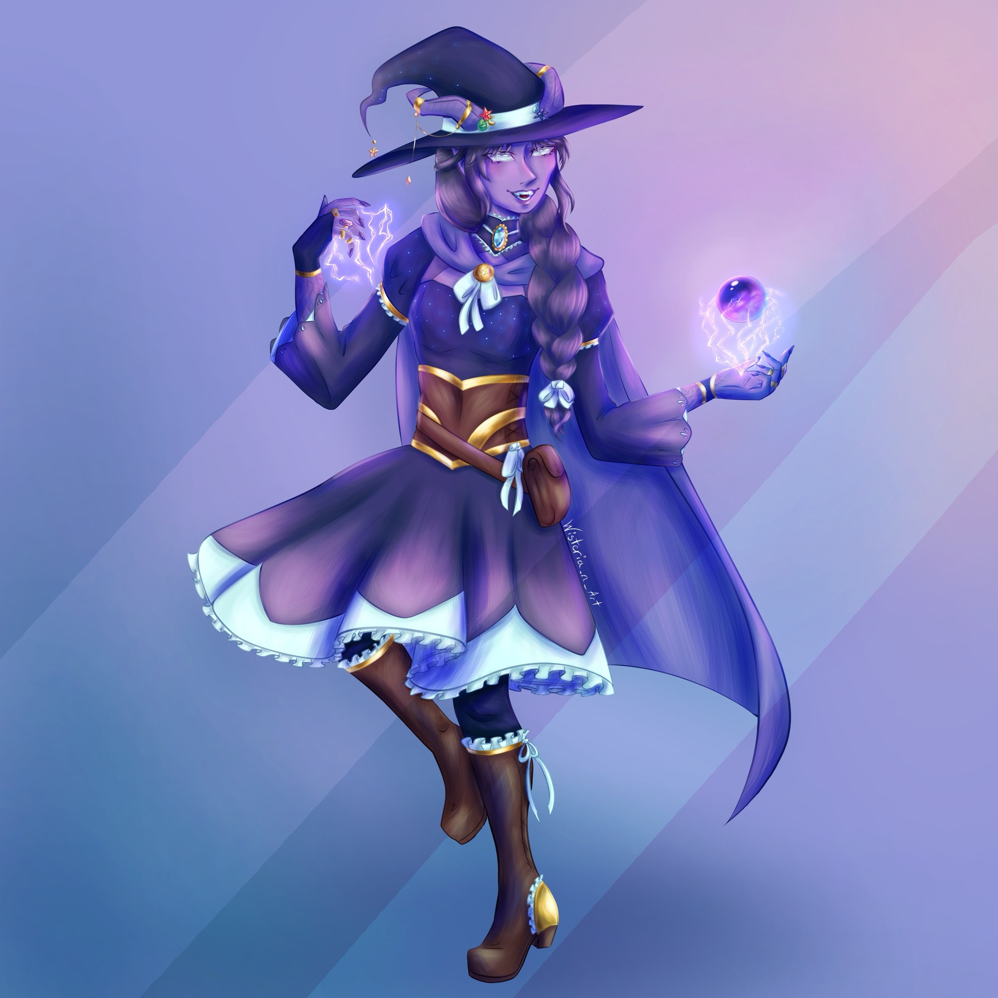 Sorcerer teifling D&D character. She has purple skin, darker purple hair, and silver eyes. She is wearing a purple dress with gold and white trim, leather boots, and a purple witch hat with various colored gems on the top. She is holding an orb being surrounded by light purple lightening.