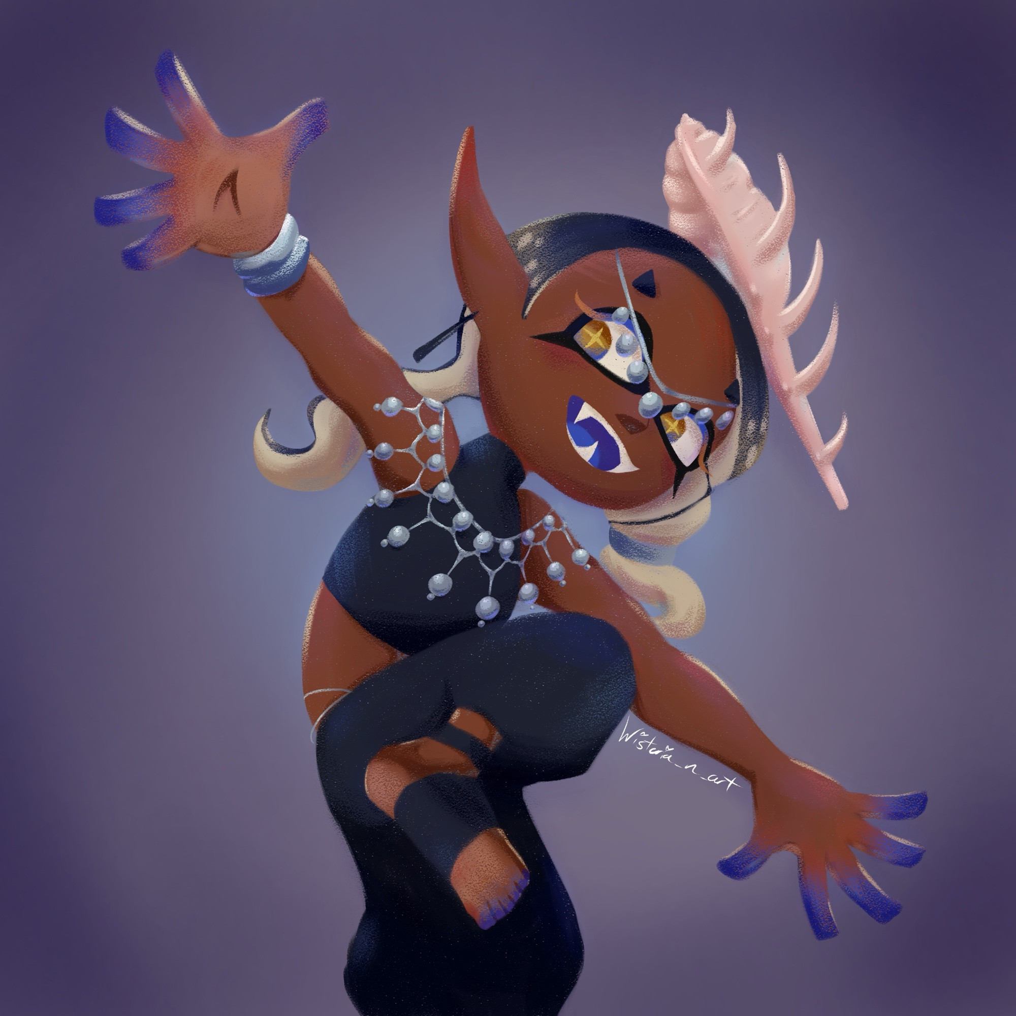 Frye from Splatoon in her splatoween outfit. Black crop top, harem pants, foot wraps, and various silver jewelry. Frye has dark skin, black tentacle hair, yellow and blue eyes, and a blue mouth and hands.