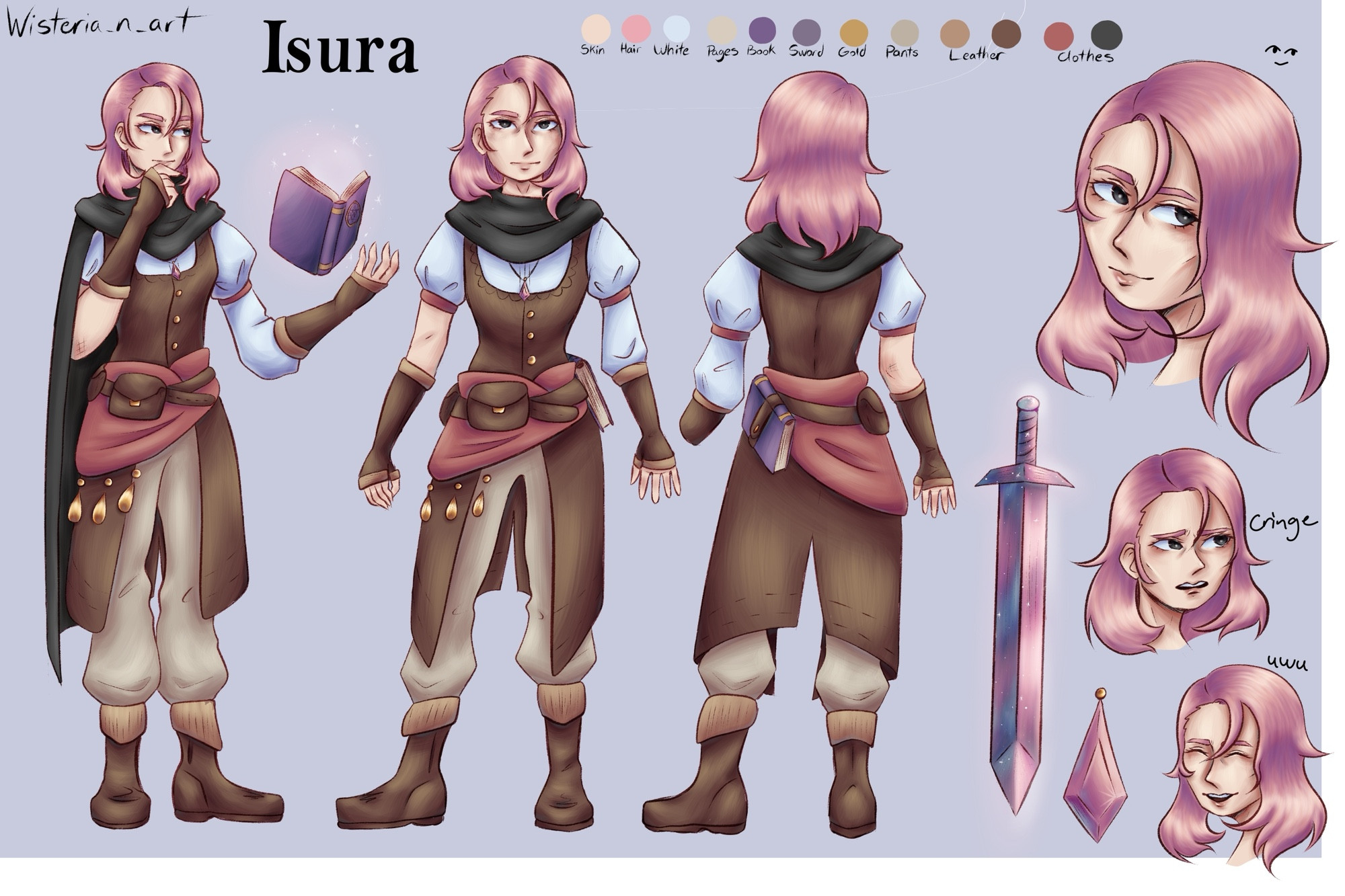 Character sheet of a white, pink haired girl with a purple spell book. She is drawn multiple times showing her reading her book, then default posing, then facing backwards. On the right side some expressions are shown such as a default face, disgust, and happy.