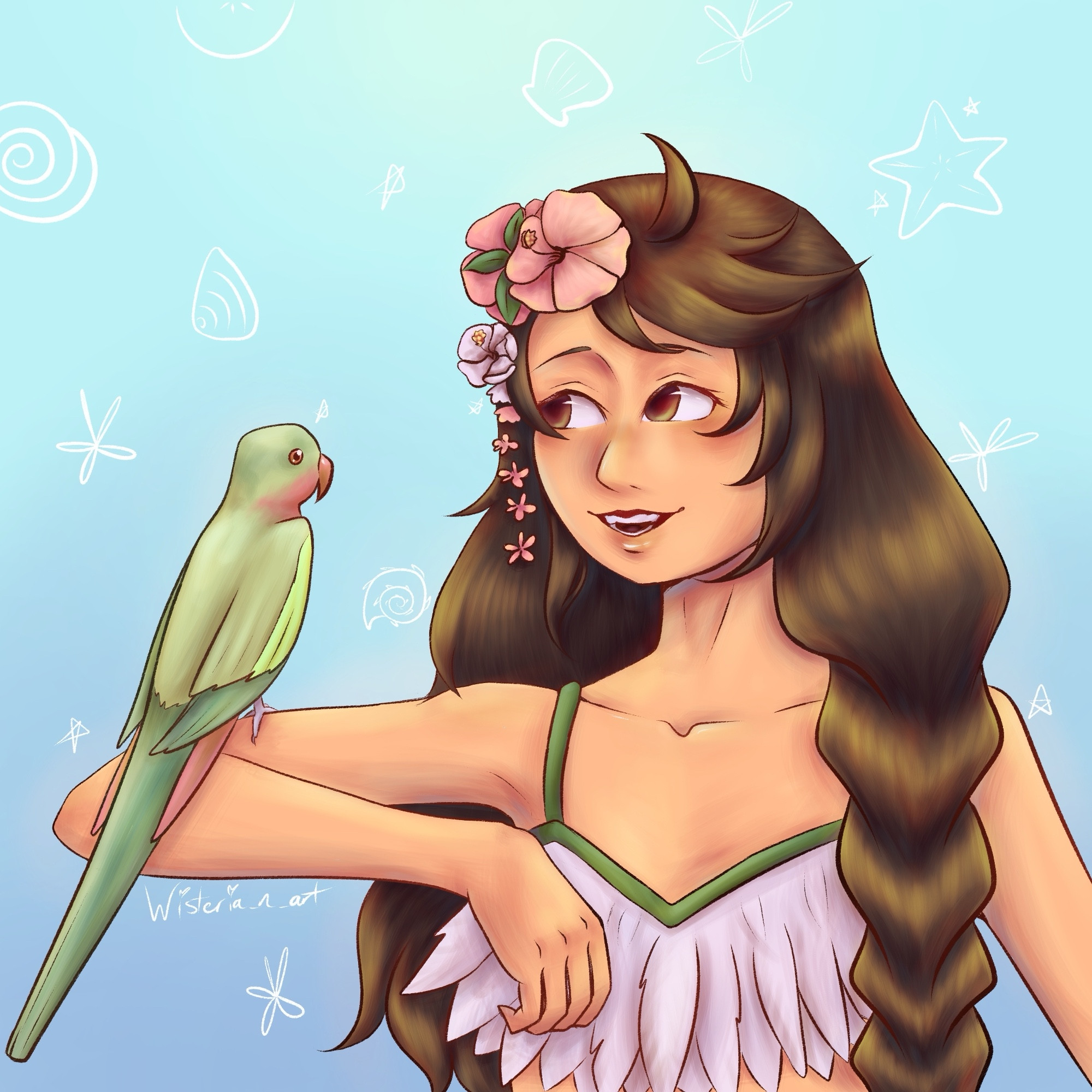 Waist up piece of a tanned woman holding a green parrot on her arm. She has brown hair braided to the right and brown eyes. She is wearing a feathery bralette and caribou pink flowers in her hair.