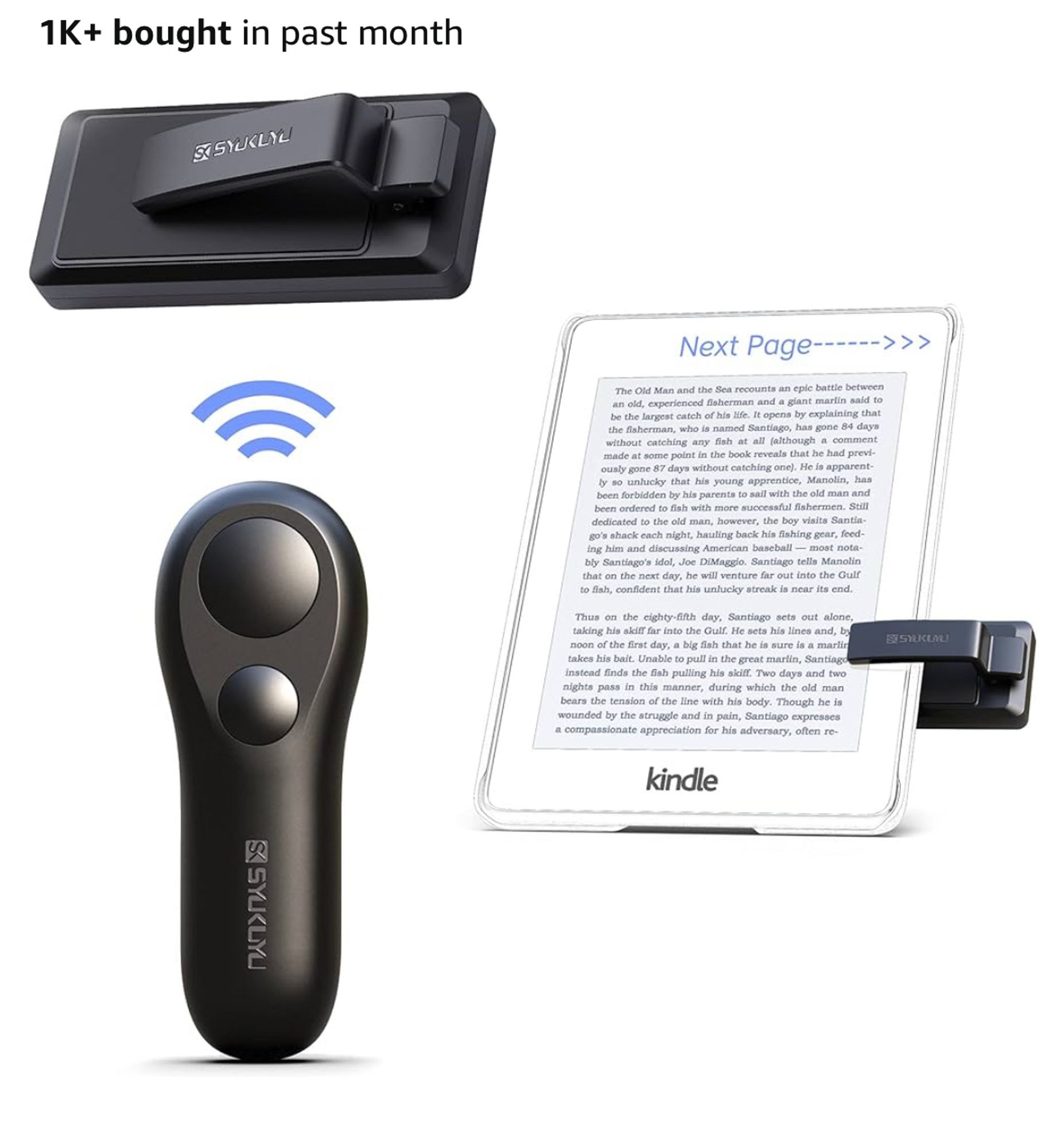 Cropped Amazon product page for a two-piece Bluetooth page-turning remote fitted to a Kindle.