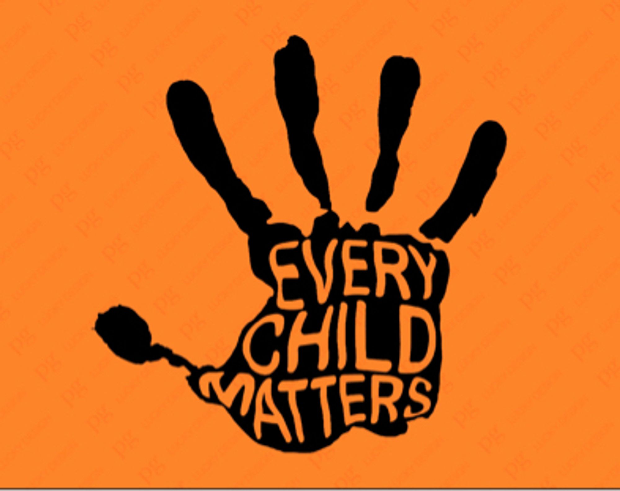 Black handprint on orange background. “Every child matters” is written on the palm in orange capitals.