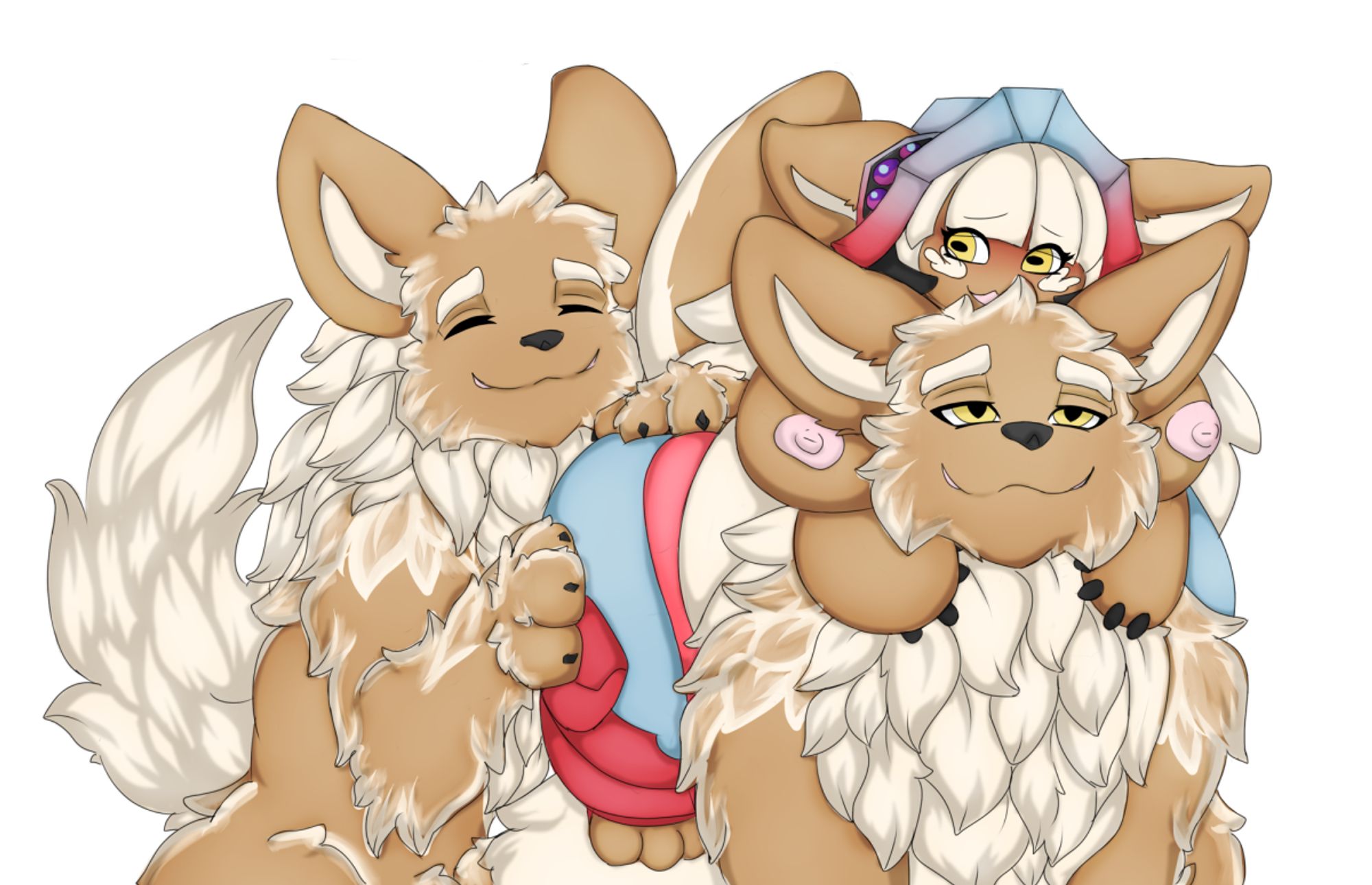 Nanachi's off on another adventure! However, with how hot and breathless she became just from rushing out to meet the pups, burdened by her swelling belly, she's in no condition to travel!  Luckily, her pups are more than capable of giving her a ride on their backs, just like their dad did!  Such proud, good boys, ready to help their mama out!