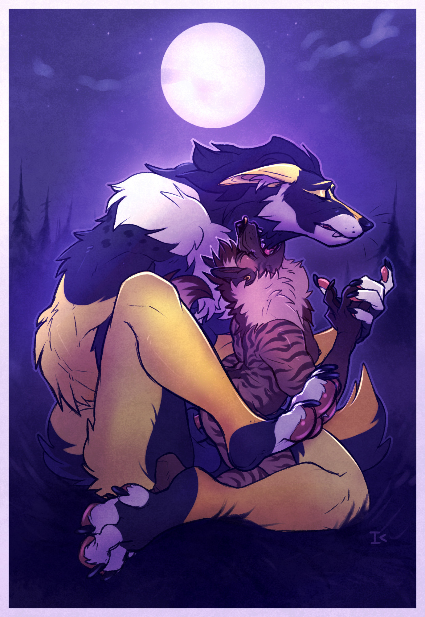 An anthropomorphic jackal and striped hyena fucking outside during the full moon. The bigger jackal submissively extends his neck for the smaller hyena to bite as the hyena begins to shift into their werewolf form as well.
