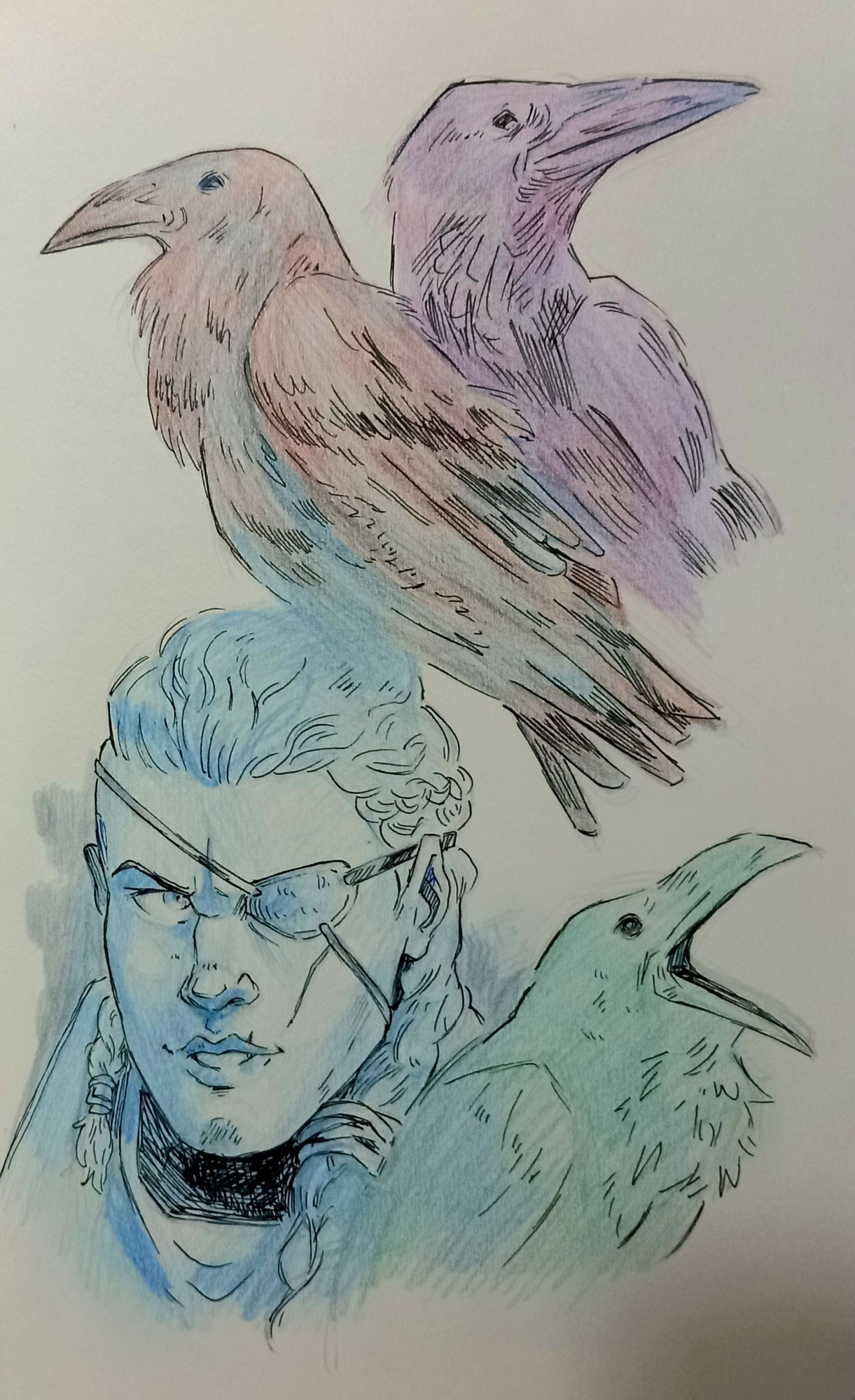 Portraits of Hugin (red), Munin (violet) and Eivor as Odin with the guest appearance of Synin (green)