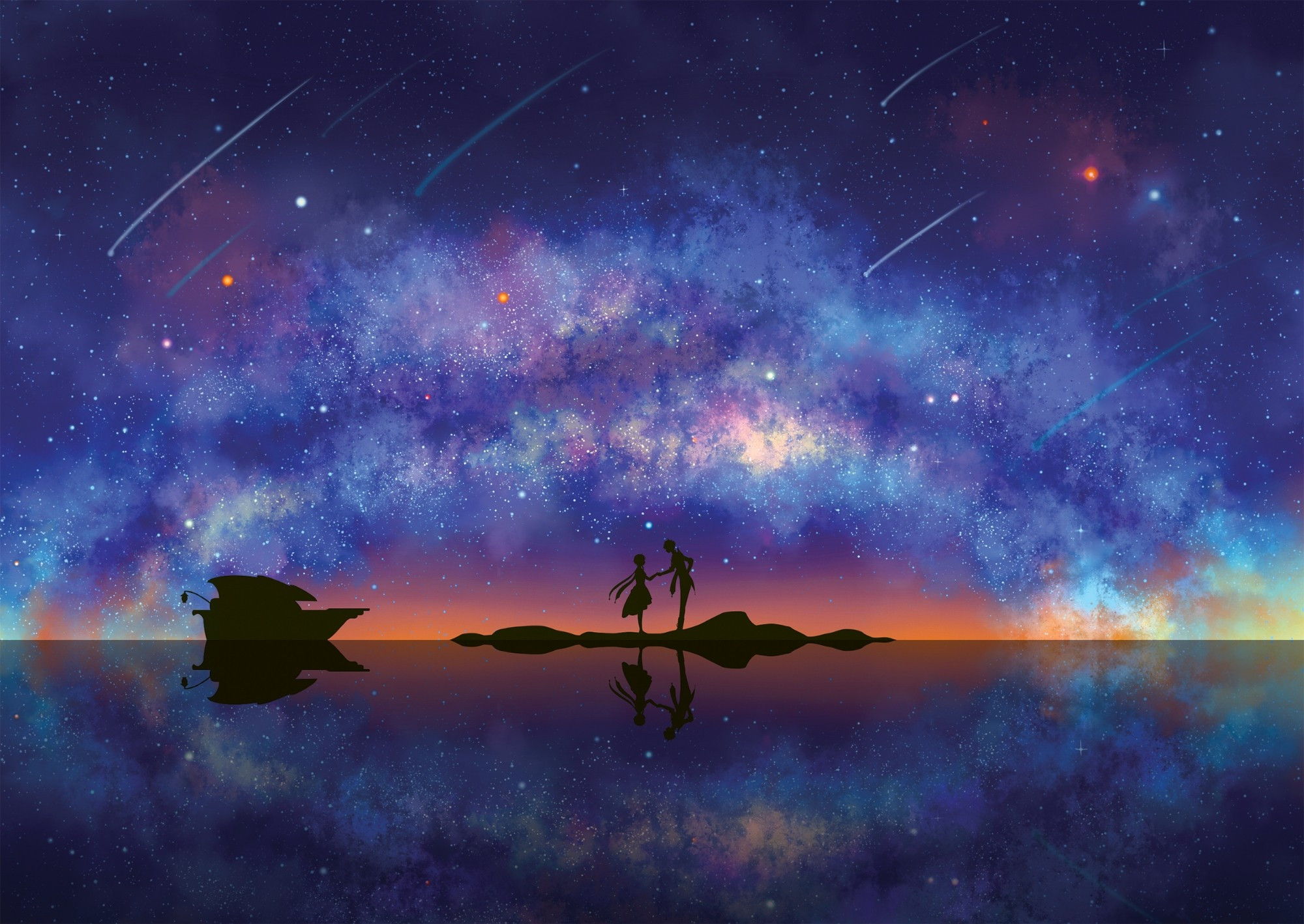 A fanart of Childe and Lumine from Genshin Impact game holding hands under the starry sky and a band of milky way.