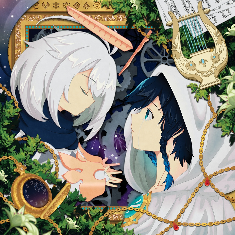 Illustration of Paimon and Venti from Genshin Impact, surrounded by a broken clock, chains, the holy lyre, music sheet, and cecilia flowers.