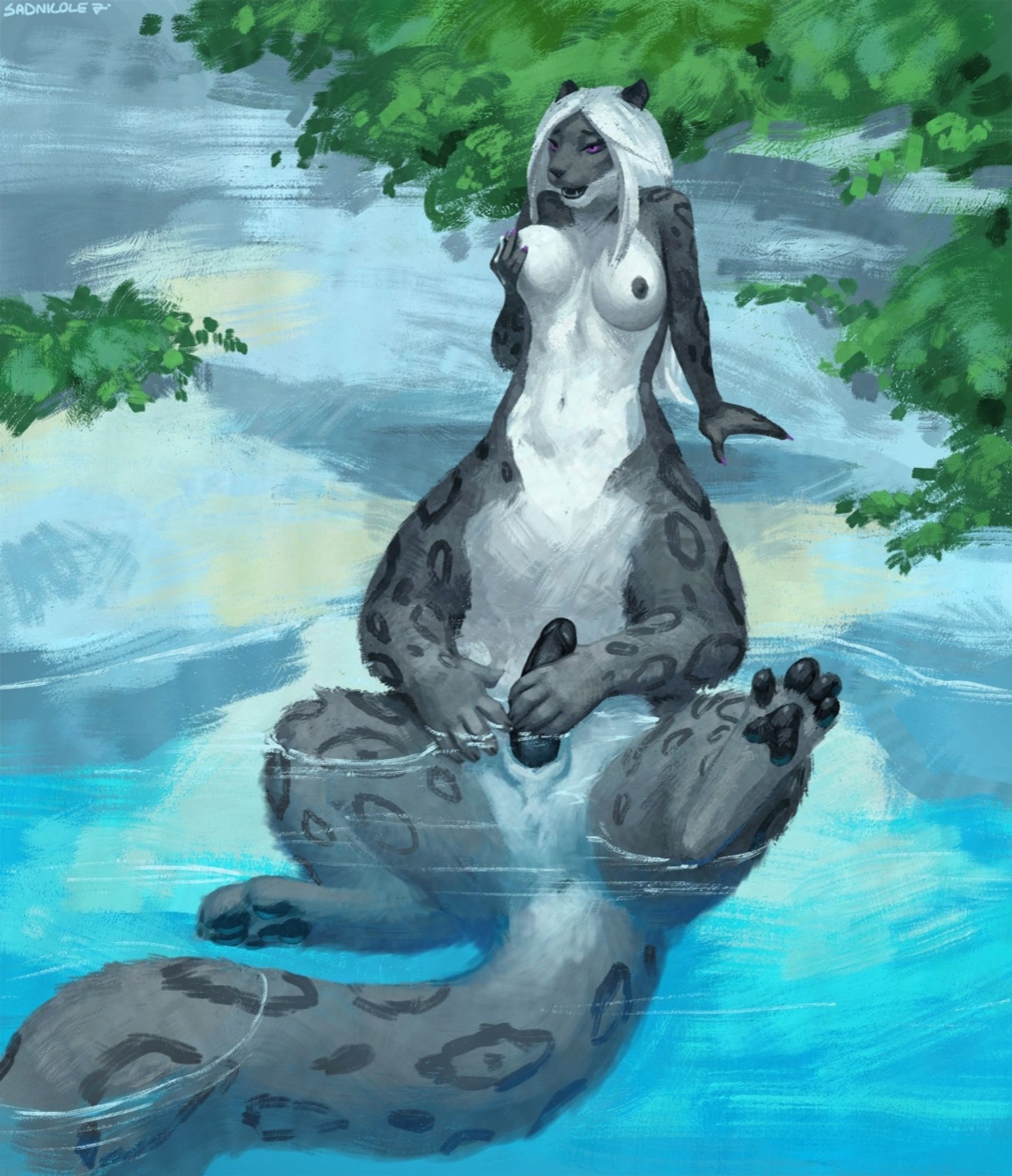 Snowie /Nabu lounging back in a stream., forepaws on cock and hands groping hir chest. Milk leaking