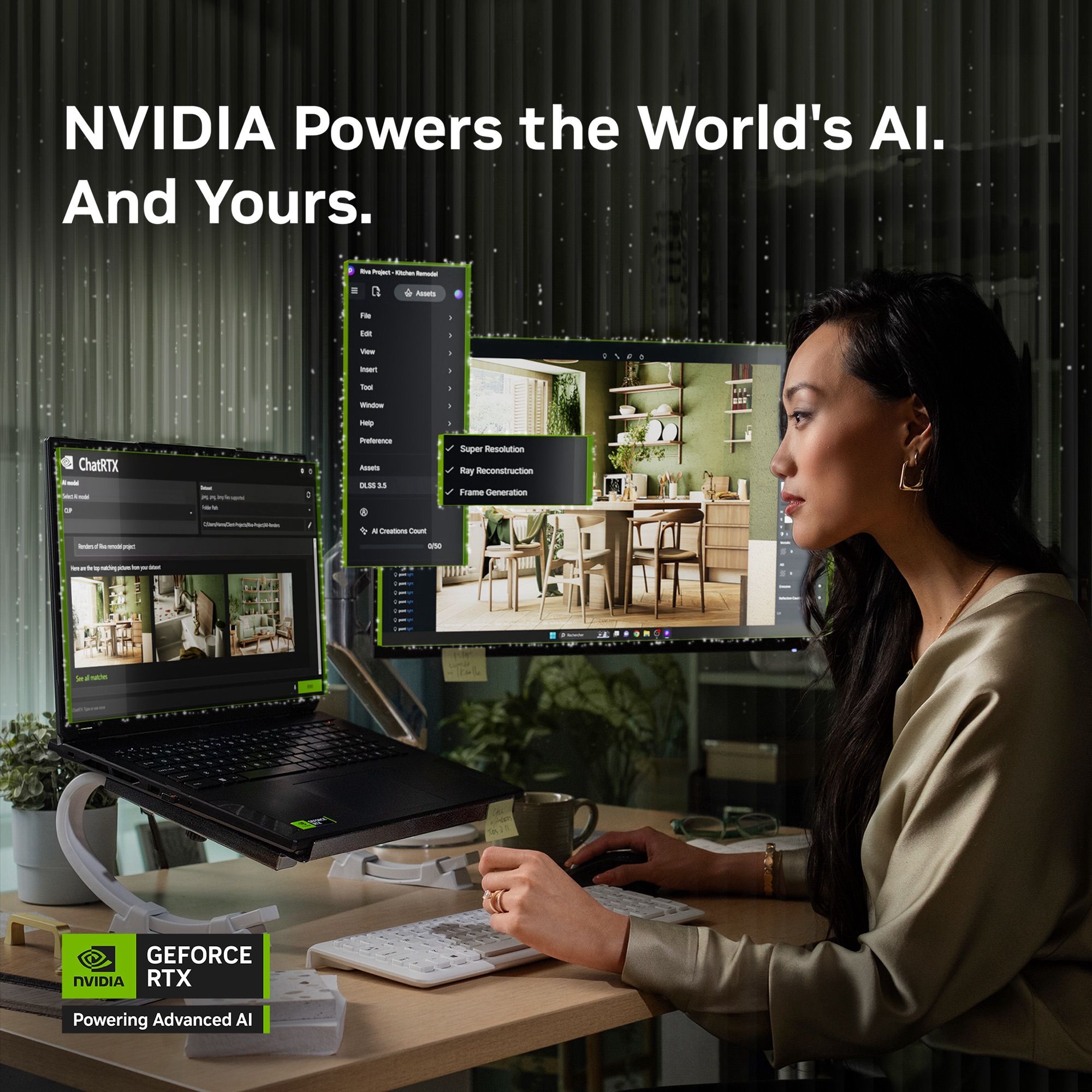 A woman is seated at a desk using a computer with two monitors. The text reads "NVIDIA Powers the World's AI. And Yours." The monitors display an image editing application and a scene of a modern kitchen. A laptop on a stand shows the ChatRTX application. The NVIDIA GeForce RTX logo is visible in the lower left corner with the text "Powering Advanced AI."