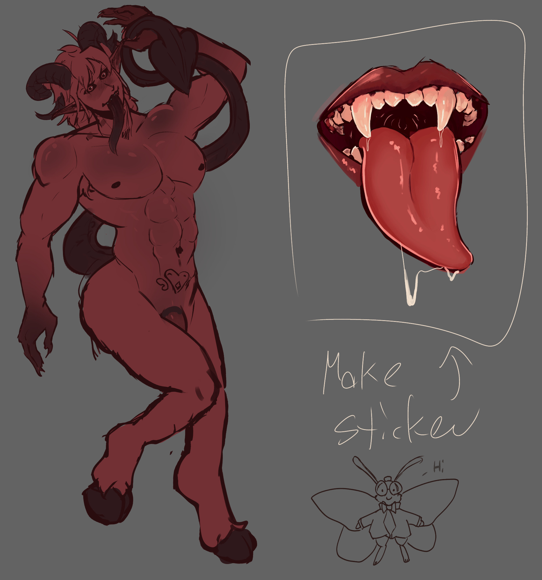 A sketch of a pinkish-red, muscular Incubus with curled horns and a long tail, standing in a suggestive pin-up pose and holding his own tail. 

Next to him is a close up of his mouth, showing his teeth and long tongue, with the scribbled note "make sticker"

Under that note is a tiny sketch of a moth-person with big glasses, saying hi