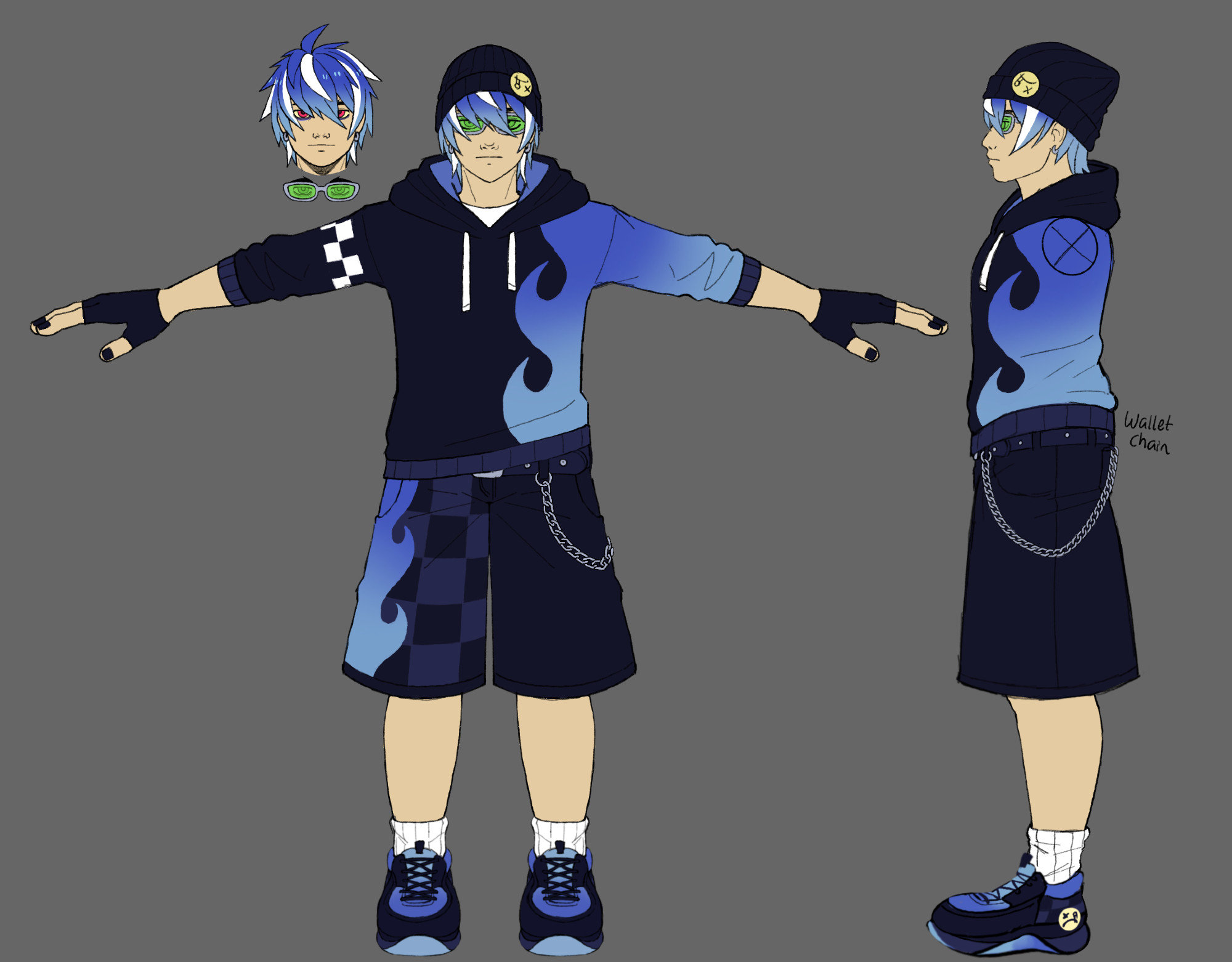 simple reference sheet of my character shane. hes my mascot/sona character. its a front t-pose and a side view of him on a plain grey background. 
he has pale skin, blue hair with white streaks, red eyes with yellow sclera and deep eyebags. 
he wears glasses with grey frames and green lenses. a black toque with an upside down sad-face pin in it. He wears a hoodie and has sleeves rolled up to his elbow. one half of of the hoodie is black with a small white checkerboard pattern on the upper arm, and the other half isblue flames. the inside of the hood is also blue. His shorts are also half and half, one side has a checkerboard pattern and a blue flame on going up the side, and the other half is plain black. he wears white socks and black and blue sneakers. with the same sad-face as his hat printed on the side of the shoes. Hes also got black fingerless gloves, and a wallet chain. 