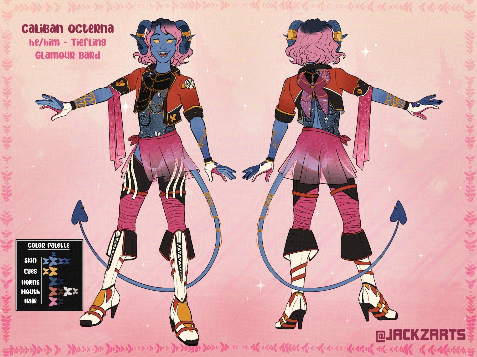 A character sheet showing a blue tiefling in front and back view. He is wearing a black leotard with sheer, a sheer pink short skirt, thigh high boots, a cropped red leather jacket with black and gold accents, and white gloves with pink and black accents. He is also wearing golden jewelry.