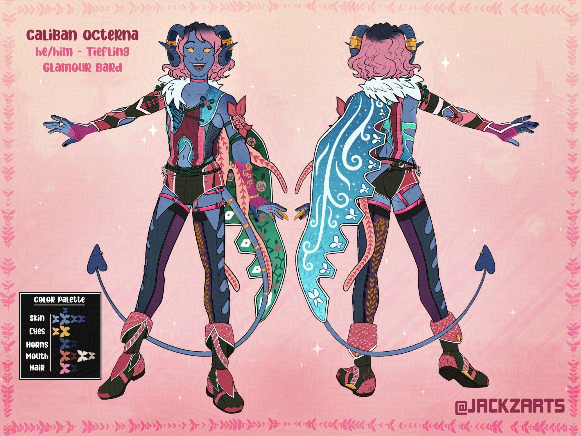 A character sheet showing a blue tiefling in front and back view. He is wearing a teal leotard, thighs that have heart and golden decorations, small boots, black and pink short shorts; black, white and pink gloves that are almost arm length; and a cape that leans over to the left side, it is green on the inside with some white flower patterns, and teal on the outside with butterfly and swirls patterns.