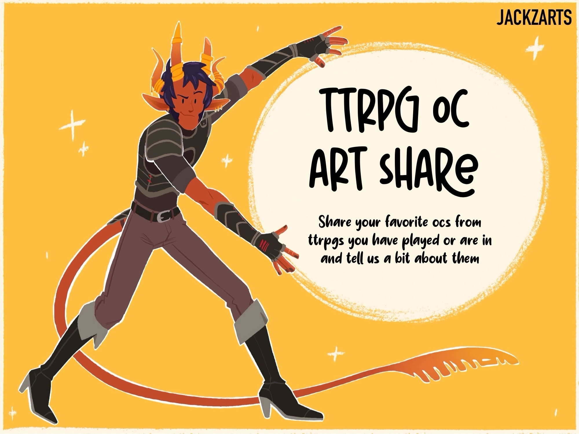 Lineless drawing of Red extending his arms to a side pointing towards a text that reads: "TTRPG OC art share. Share your favorite ocs from ttrpgs you have played or are in and tell us a bit about them."