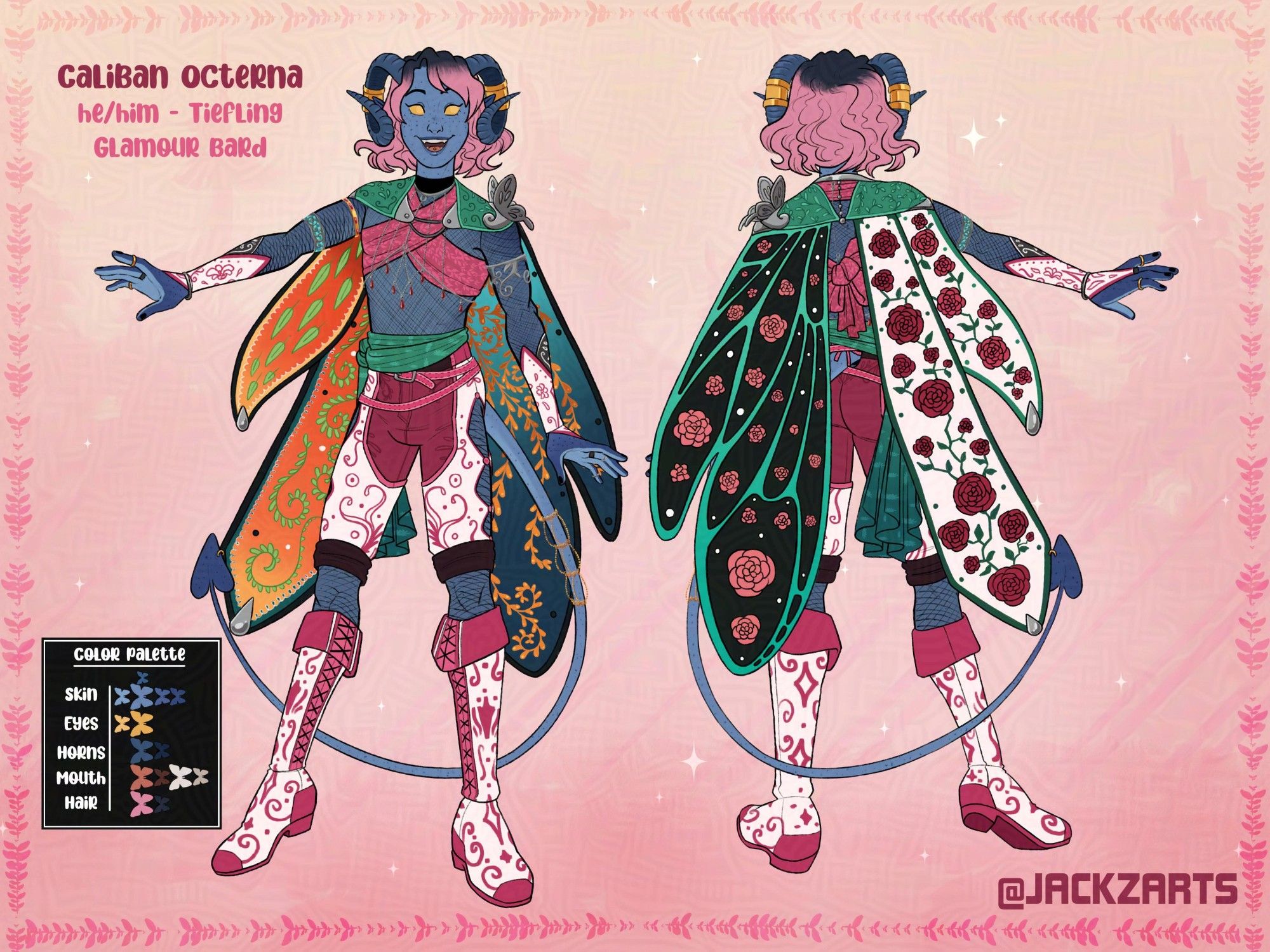 A character sheet showing a blue tiefling in front and back view. He is wearing a fishnet bodice, a pink shirt that wraps around his chest, short trousers that are mainly white with magenta and black accents; tall boots below the knee and bracers that are white colored with magenta swirly patterns. He is also wearing a cape that resembles butterfly wings, in the inner part of the cape one whing is orange and the other is teal, they are both adorned with lead patterns. On the outer side of the cape (the back view), one wing is black with pink roses, and the other if white with red roses.