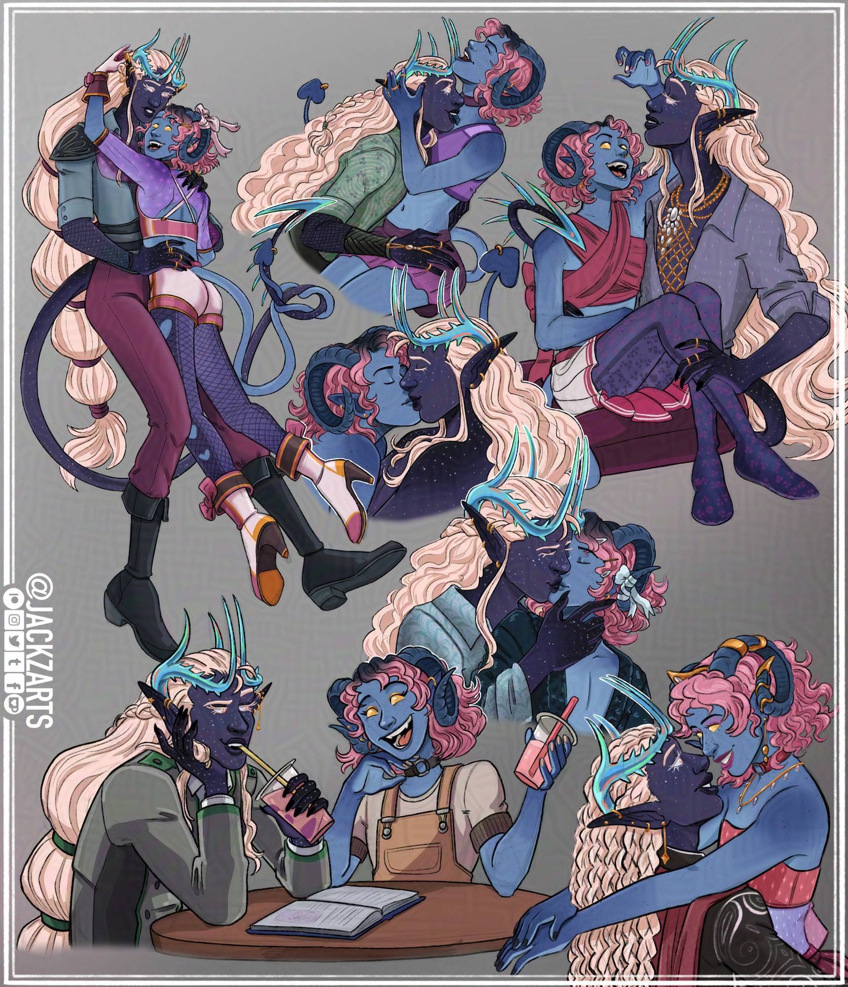 A sketch page of a couple containing 7 different drawings. Quinn is a drow tiefling with dark purple skin with silver freckles, two blue crystal horn that start on the back of his head and go all the way to the front simulating a crown, he has pink eyes, has very long white hair that is usually up in a massive braid that ends just below his knees, he has a long tail with a pointy crystalline tip. Cal is a blue tiefling, with dark blue ram-like horns, he has naturally dark blue hair which is dyed in pink, he has yellow eyes, his tail is long and its tip is heart shaped. 

In the first pose they are both portrayed fullbody as they're hugging facing each other, Quinn is looking down at Cal placing his hands on on of his hips, while Cal's throwing his arms up around Quinn's neck. 
The next drawing is a half body, where Quinn is playfully hugging and licking Cal's exposed neck, while he laughs as he faces up.
The third drawing js another half body where Cal is sotting on Quinn's lap, they appear to be having a conversation and Quinn is looking playfully at Cal.
The fourth drawing is a bust of them kissing. Cal appears to be over Quinn.
The fifth drawing is another bust of them kissing, Quinn is behind Cal, softly grabbing him from the face with a hand to face him.
The sixth drawing is a half body of them at a table. Quinn is smirking as he drinks some sort of smoothie with a straw as he glances at Cal. In front of him is a book which he was reading. Cal is sitting beside him, smiling back holding a smoothie on one of his hands, he's talking with Quinn, giving him a playful look.
Last drawing is a half body of Quinn and Cal in elegant outfits, Quinn is carrying Cal while he is placing his arms around Quinn's shoulders. They are looking at each other's eyes with a smile on their faces.