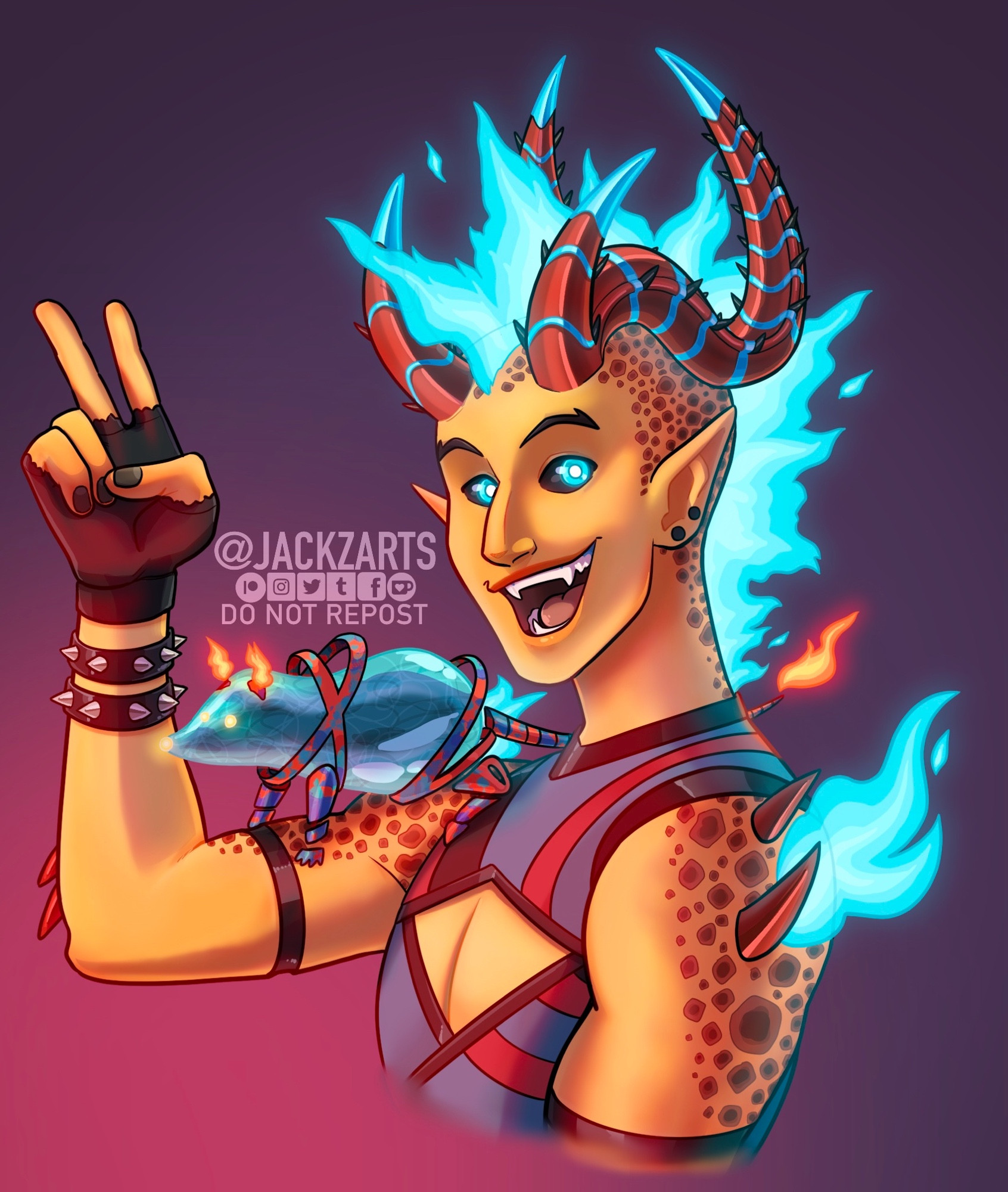 Pyre a fire genasi tiefling is looking at the camera making a peace sign with their hand. On that shoulder a little water elemental opossum is standing, their familiar.