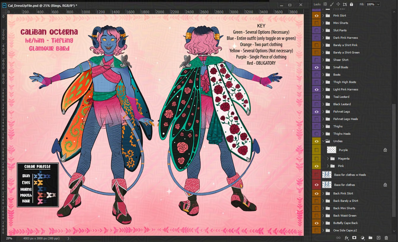 Another screenshot of the psd file, showcasing more of the layers for the dress up game. In this image, the blue tiefling is wearing a combination of the main outfits: fishnets, small boots, skirt, green belt, pink wrapped around chest shirt, and black and white butterfly cape.