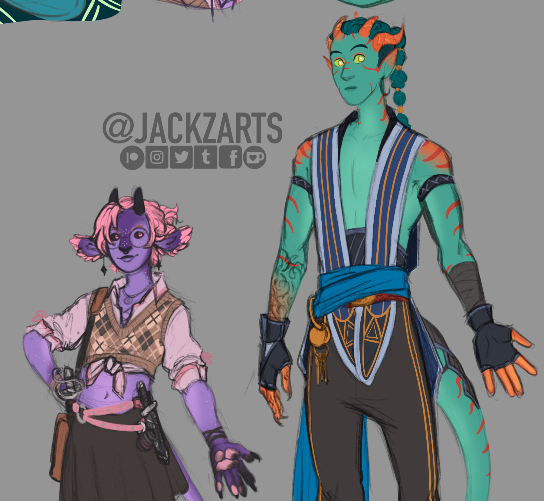 Balance is a very tall tiefling Astral Self monk, their skin is teal with some red and orange accents. They have bright green eyes, four orange horns, dark teal curly hair (which is shaven on the sides, and put up into a ponytail.) They have a tattoo on their right forearm, which resembles wavy branches going up their arm, that same hand has claws. 