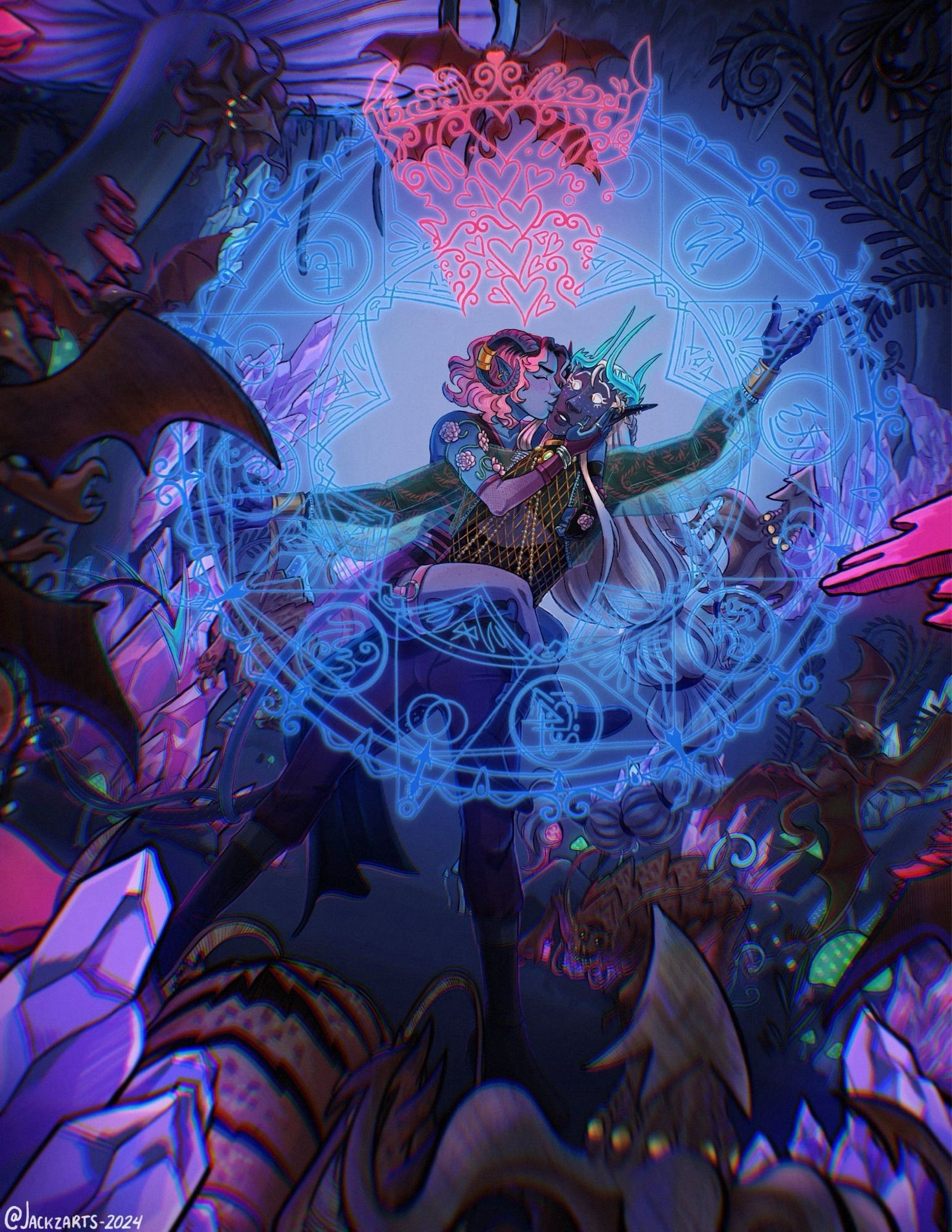 Illustration of Quinn and Cal in the Underdark, which is portrayed as a dark place with glowing crystals and mushrooms. Surrounding them are a bunch small monsters and critters, about to attack them. Quinn is mid-casting a spell, arcane symbols appearing in front of him, glowing blue. Cal is hug-jumping onto Quinn, planting a kiss on his cheek, which has made the arcane symbols to complete with his pink colored magic. Quinn is looking at him a bit surprised, with a slight smile on his face.