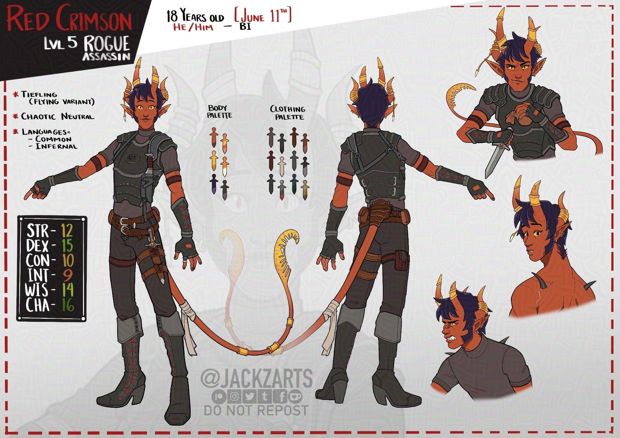 A character sheet showing a red tiefling, with four long horns wearing black leather armor and tall books. There are three busts at the side: One where he is holding a knife while facing the viewer as he smirks; in the second he is looking at the viewer over his shoulder with a surprised expression; and the last one he's facing to the left, showing his sharp teeth with an anger expression.