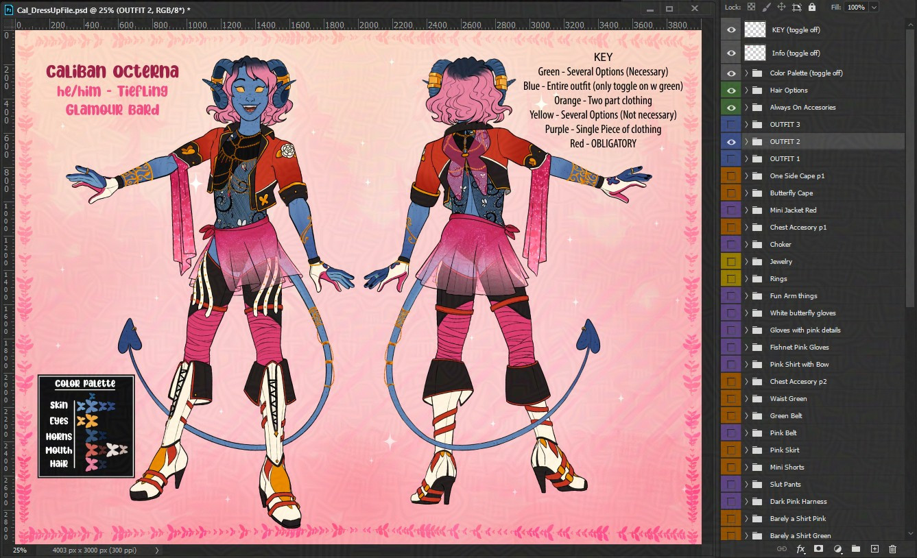 Screeshot of the dress up game psd file. It showcases the blue tiefling Cal in the second outfit of the tall boots, with skirt, and cropped red leather jacket.