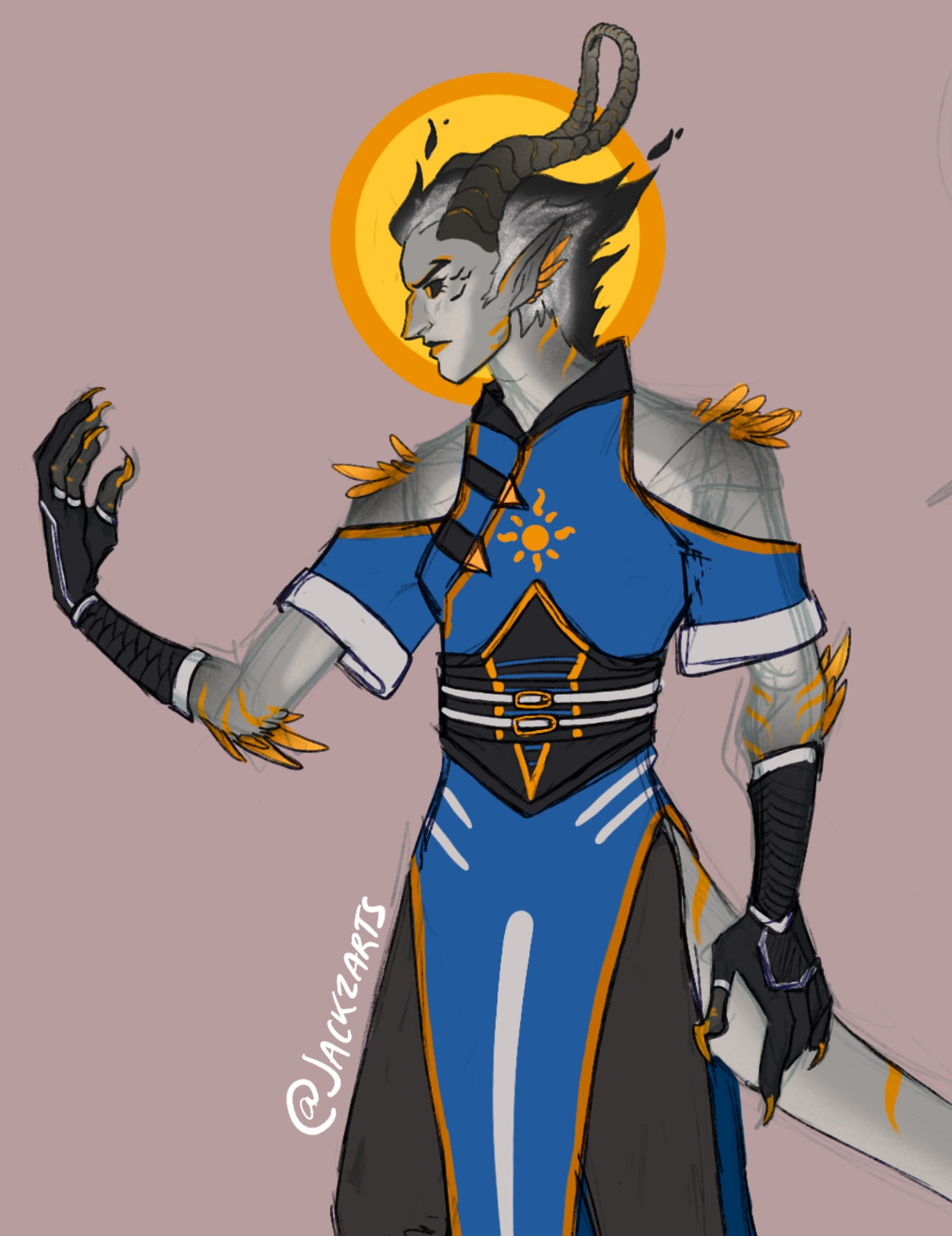 Sun is an aasimar-tiefling divine soul sorcerer, their skin is silver-like. They have a couple of golden feathers on his shoulder, clawed hands, horns that are interconnected forming a halo, and fire-like hair of black color. He is wearing a blue tunic with golden and white accents with a sun symbol, the symbol of Helios.