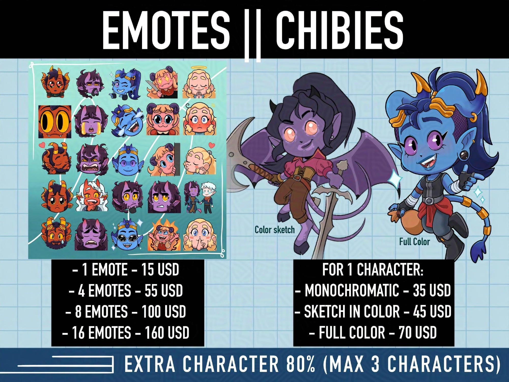 Image with Emotes and Chibies

1 emote 15 usd, 4 emotes 55 usd, 8 emotes 100 usd, 16 emotes 160 usd

chibies: monochromatic 35 usd, sketch in color 45 usd, full color 70 usd