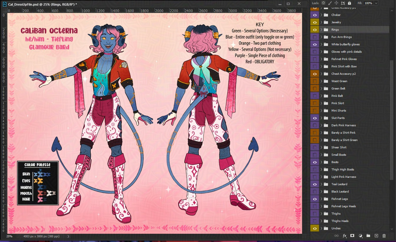 Another screenshot of the dressup game, showing more layers of the file. In this one Cal is wearing another combination of the main three outfits: knee high boots, white and magenta patterned trousers, teal leaotard, red jacket, and white gloves.