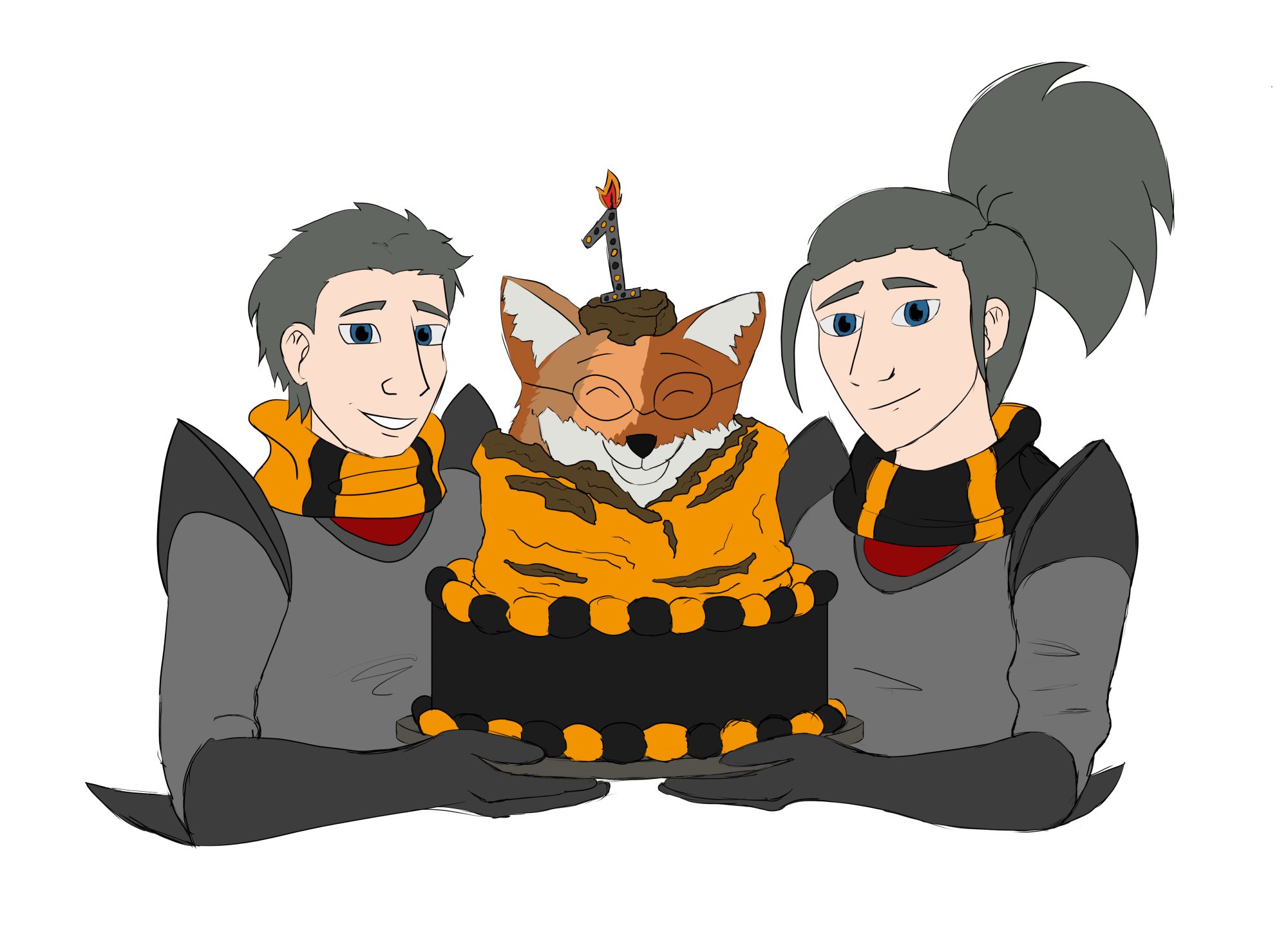 A portrait of the main characters holding a black and orange cake in the center. OfficerDaMickey's fox is popping out of the top of the cake with a 1 candle on his head.