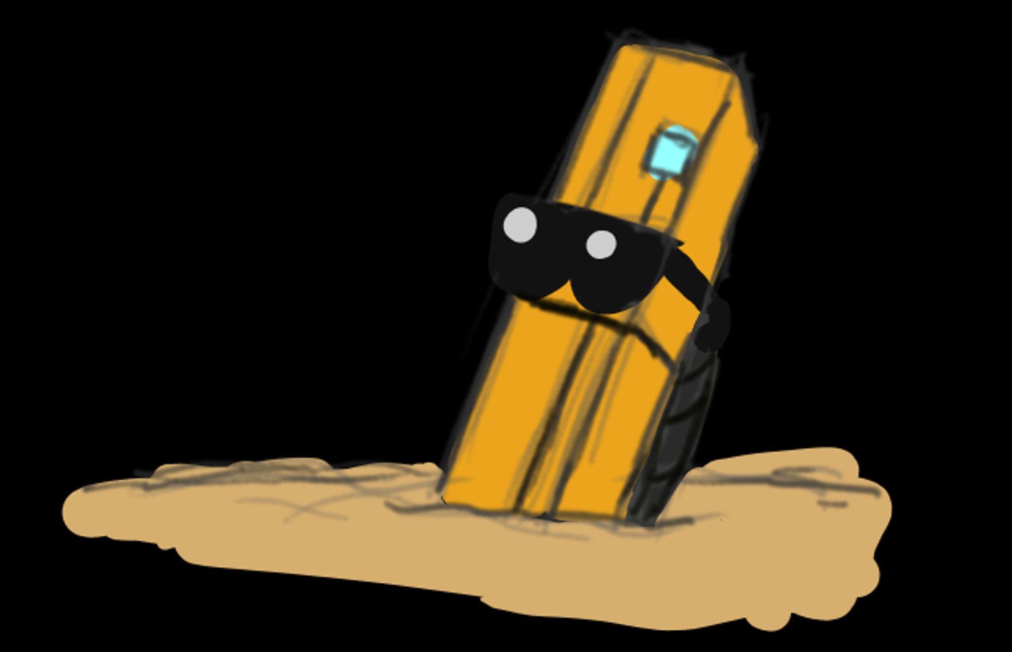 Swordmachine is buried up to its head in sand. It's wearing sunglasses.