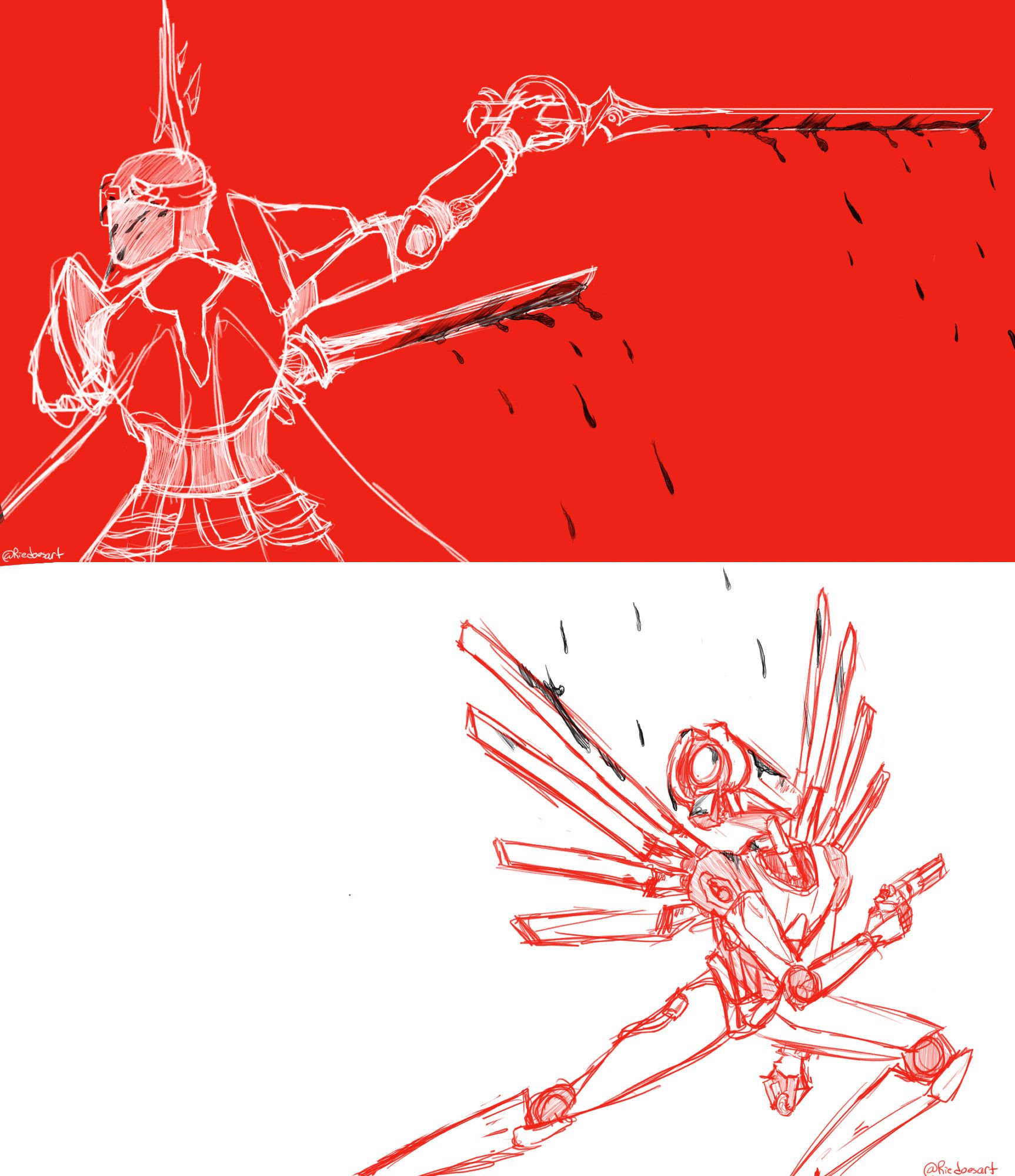 Artwork is split into two parts. The top part is Gabriel in white against a black background. He is in mid-swing with black blood running off the swords that drip onto the bottom panel. The bottom panel has V1 in red against a white background with the black blood dripping on them.