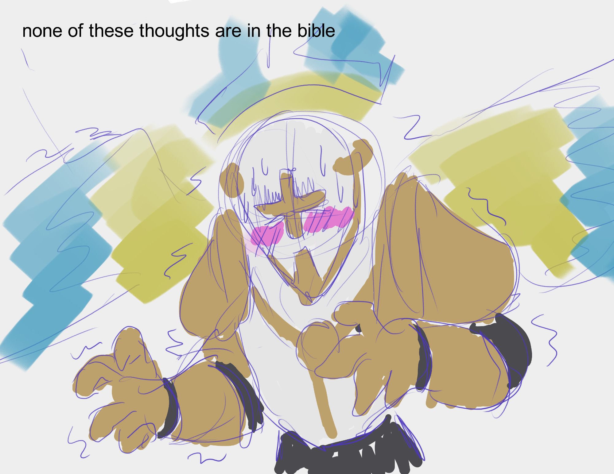 Gabriel from Ultrakill visibly shaking, sweating, and looking flustered with a blush on his helmet. At the top is text reading: none of these thoughts are in the bible