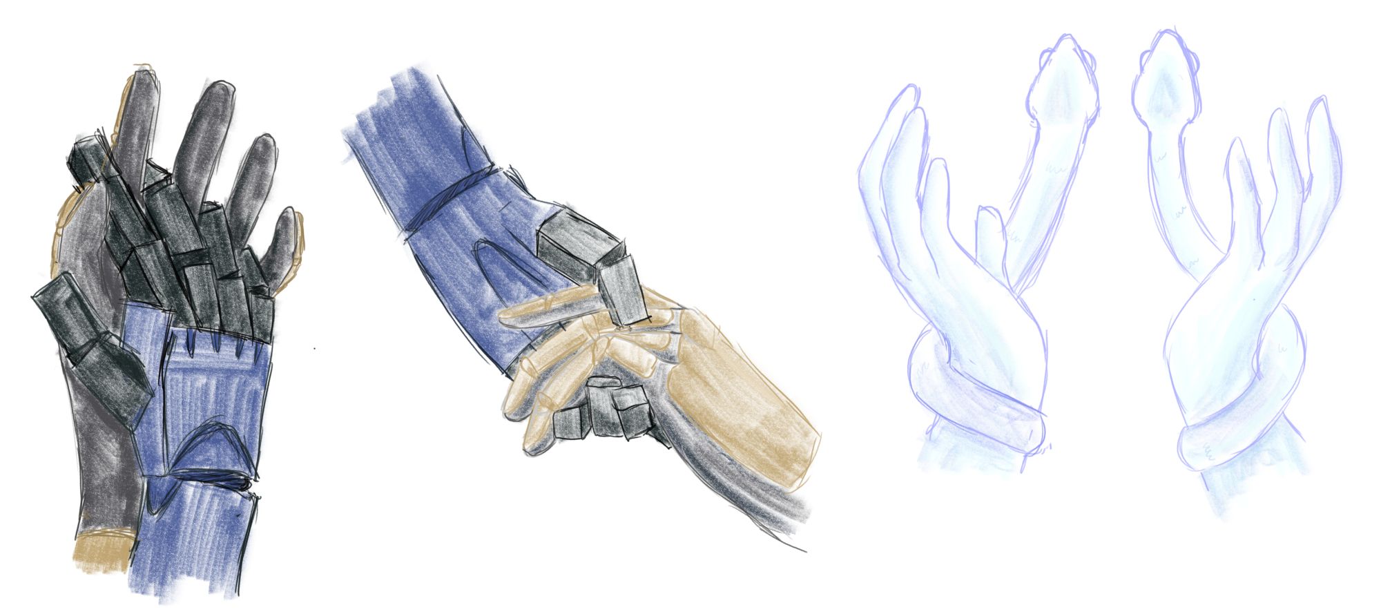 3 sketches of hands. Gabriel and V1's hands are intertwined. V1 is picking up Gabriel. Minos' hands are held upwards with his snakes going upwards.