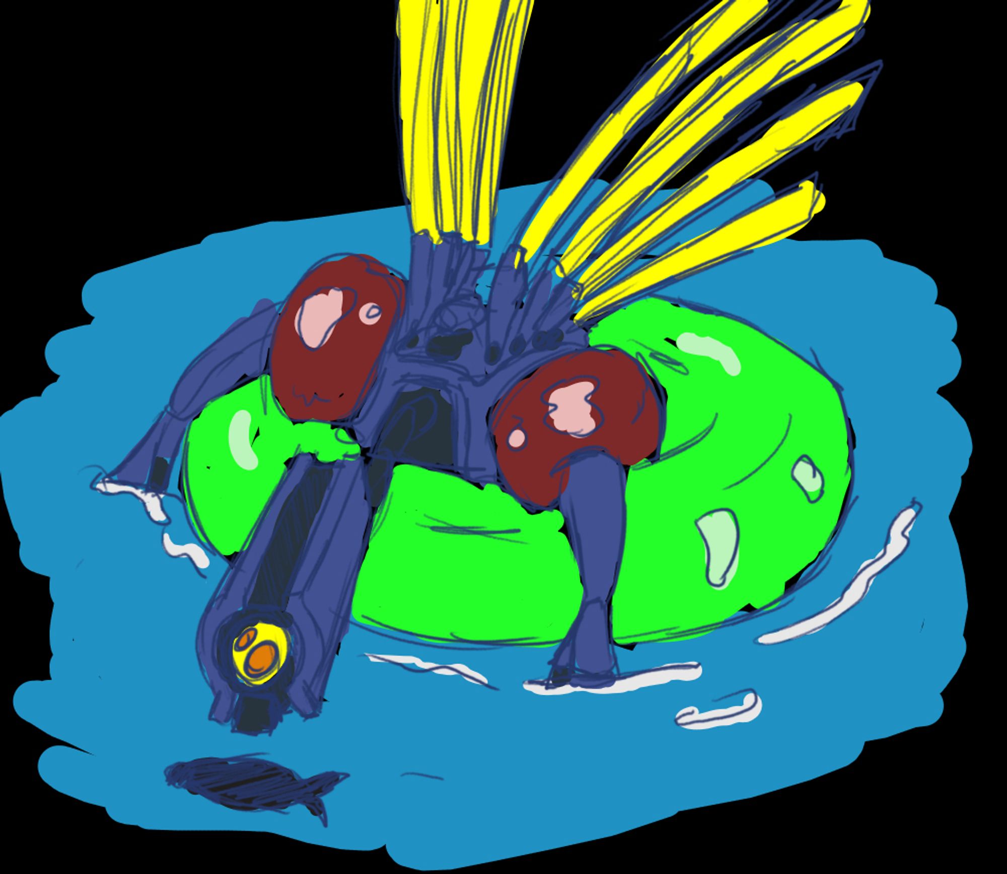 V1 is swimming in water with a green floatie and red floaties around their arms. They are staring excitedly at a fish.