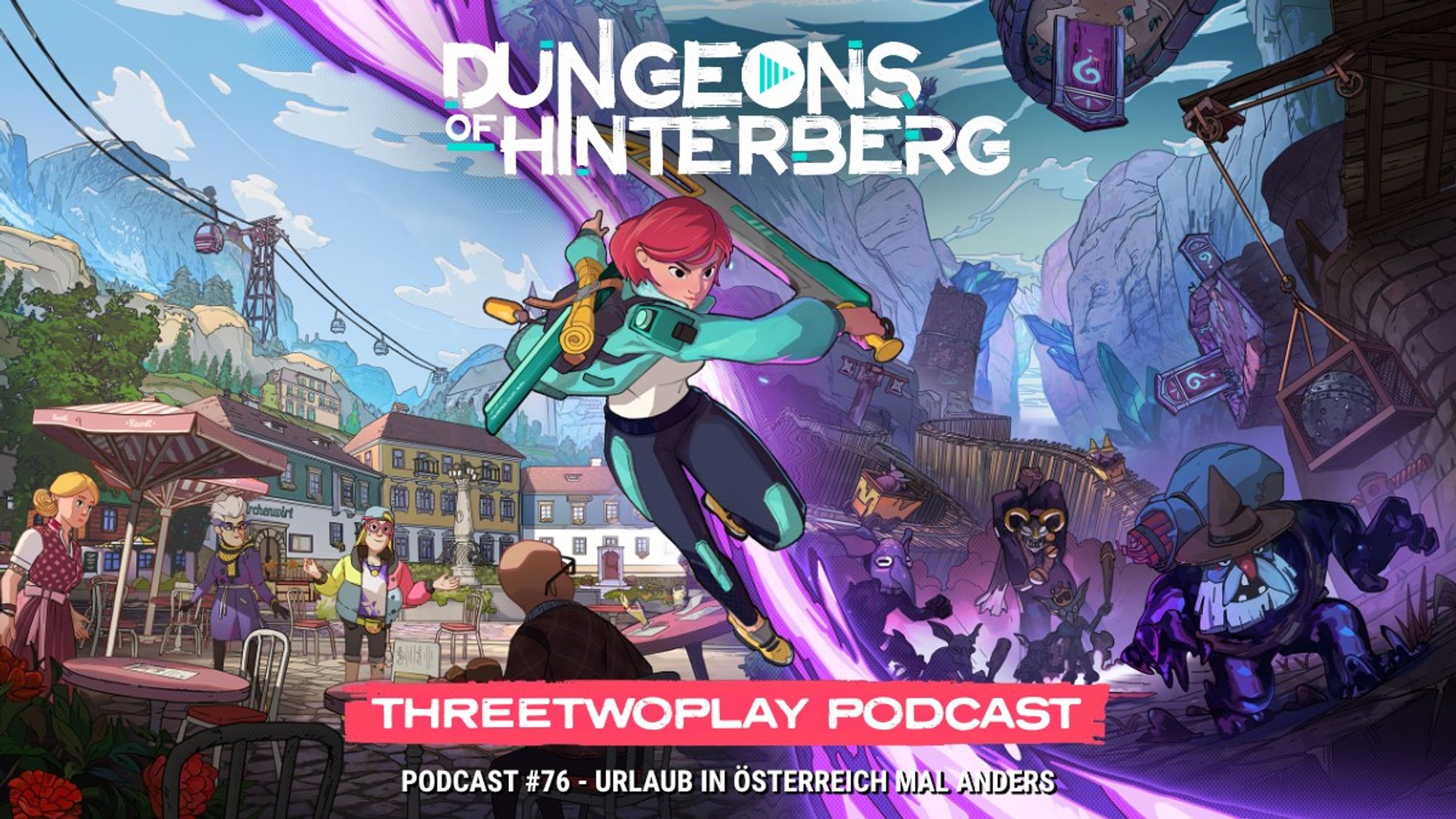 Titelbild zur ThreeTwoPlay Podcast-Episode über Dungeons of Hinterberg von Microbird Games und Curve Games