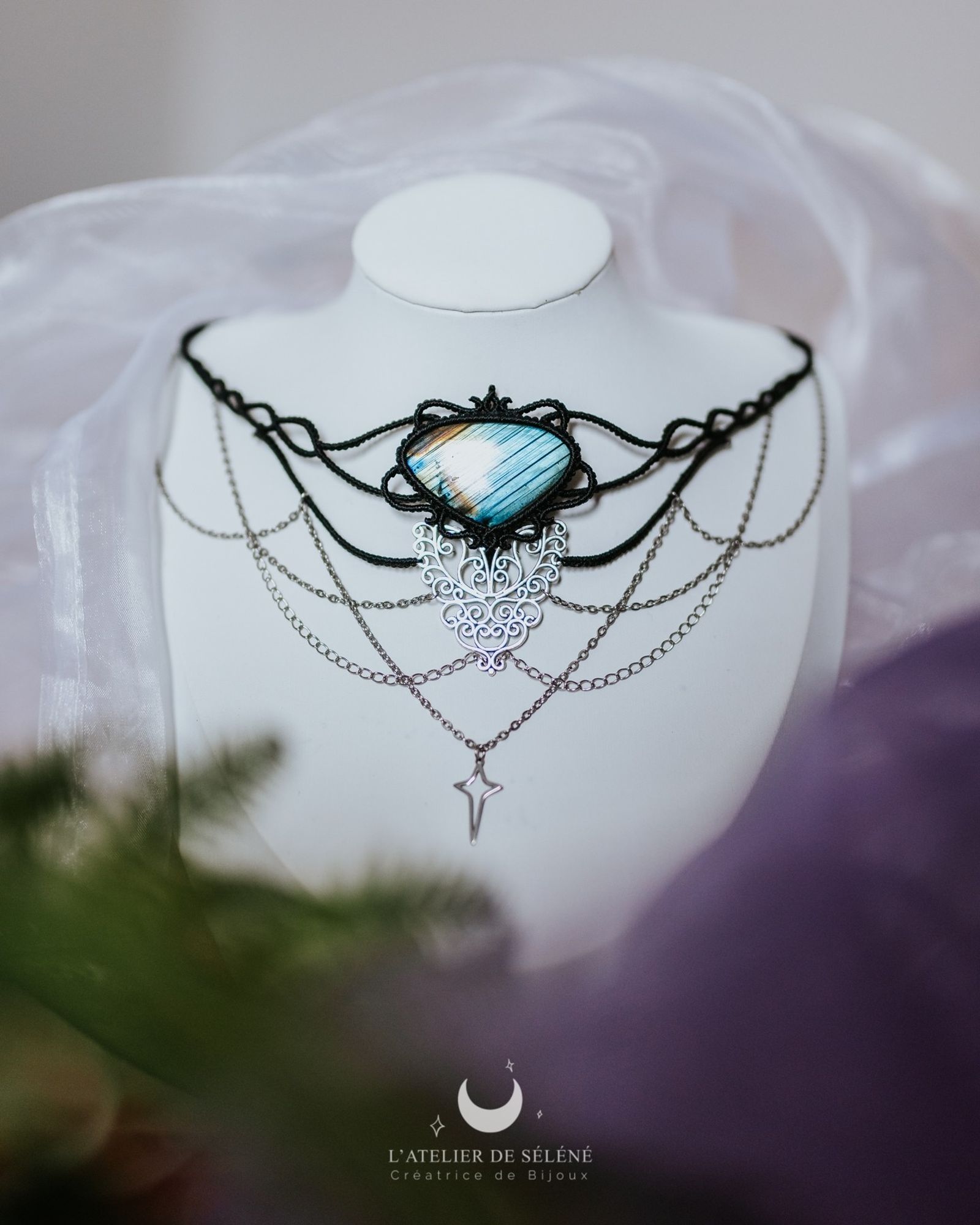 Black majestic necklace (made with black wire ,micromacrame art) with unique blue labradorite stone , a silver ornement and stainless steel chains