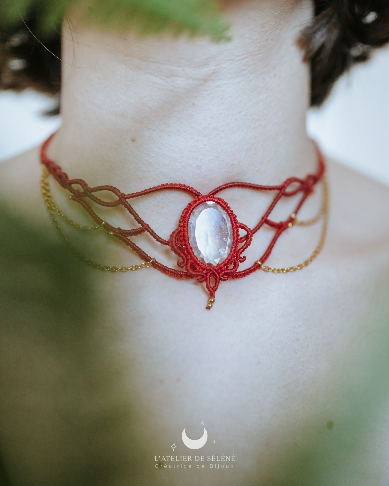 Red choker / red necklace with faceted clear quartz set in a red wire ( micromacrame art ) and stainless steel chains