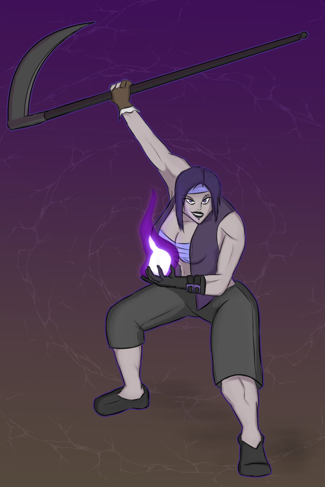 A pale woman with purple hair and a pale purple headband. She wears a purple vest and big grey shorts. In one hand she holds a scythe and in the other a magic purple flame.