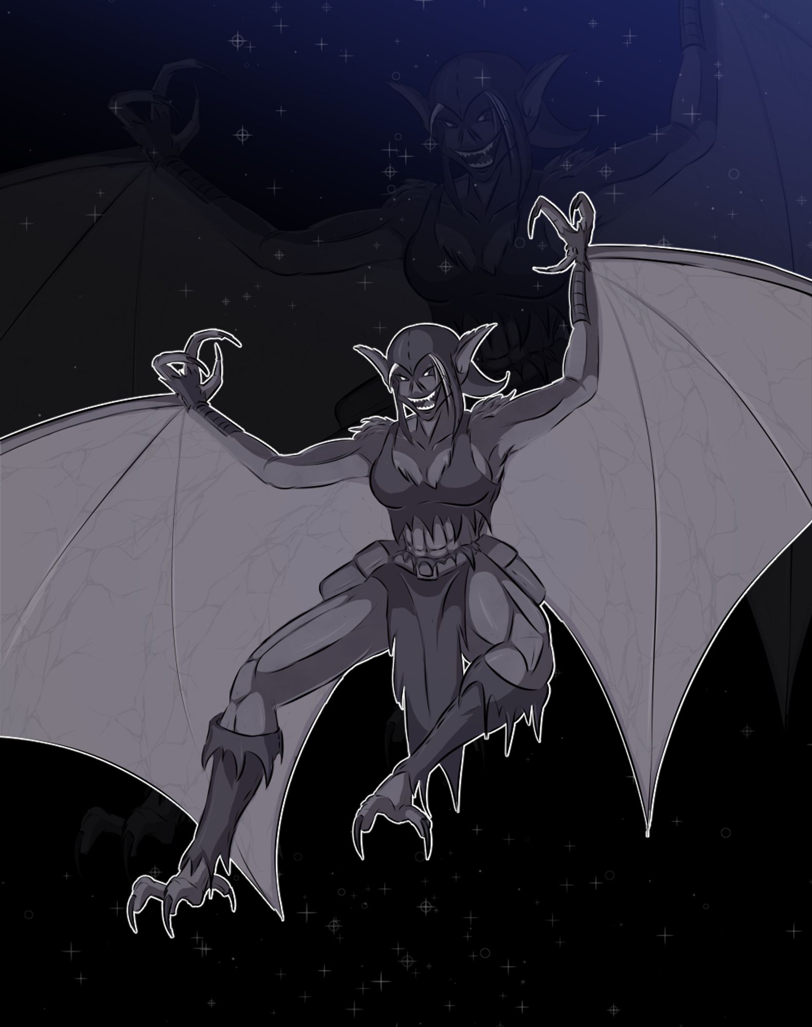 A bat monster girl on a night sky background.