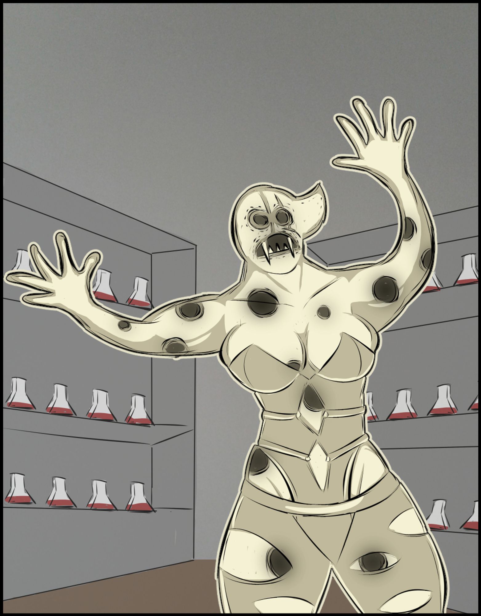 A ghostly yellow creature with dark spots and large fangs flails about  in front of a set of shelves stocked with flasks. She is female shaped and wearing a corset and tights full of holes.