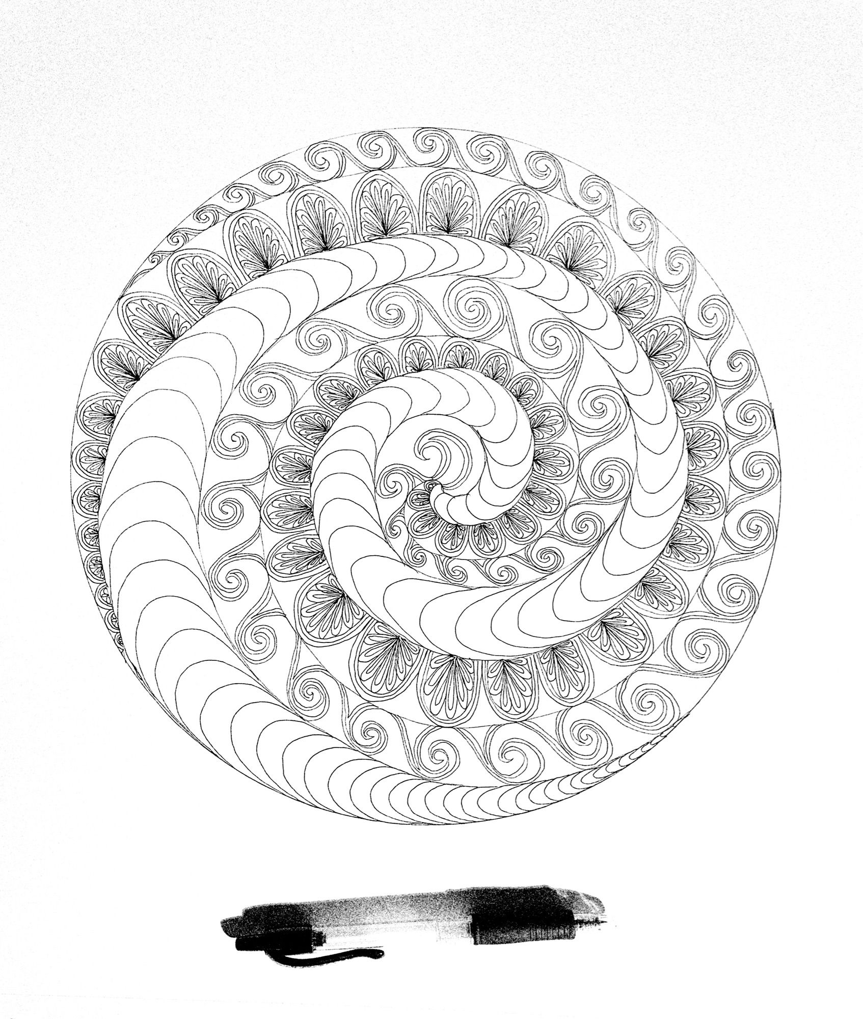 10 inch triple spiral. One section has waves, one has “petals”, one has scales. This was about 2 hours work. Pen included at bottom of page for scale.